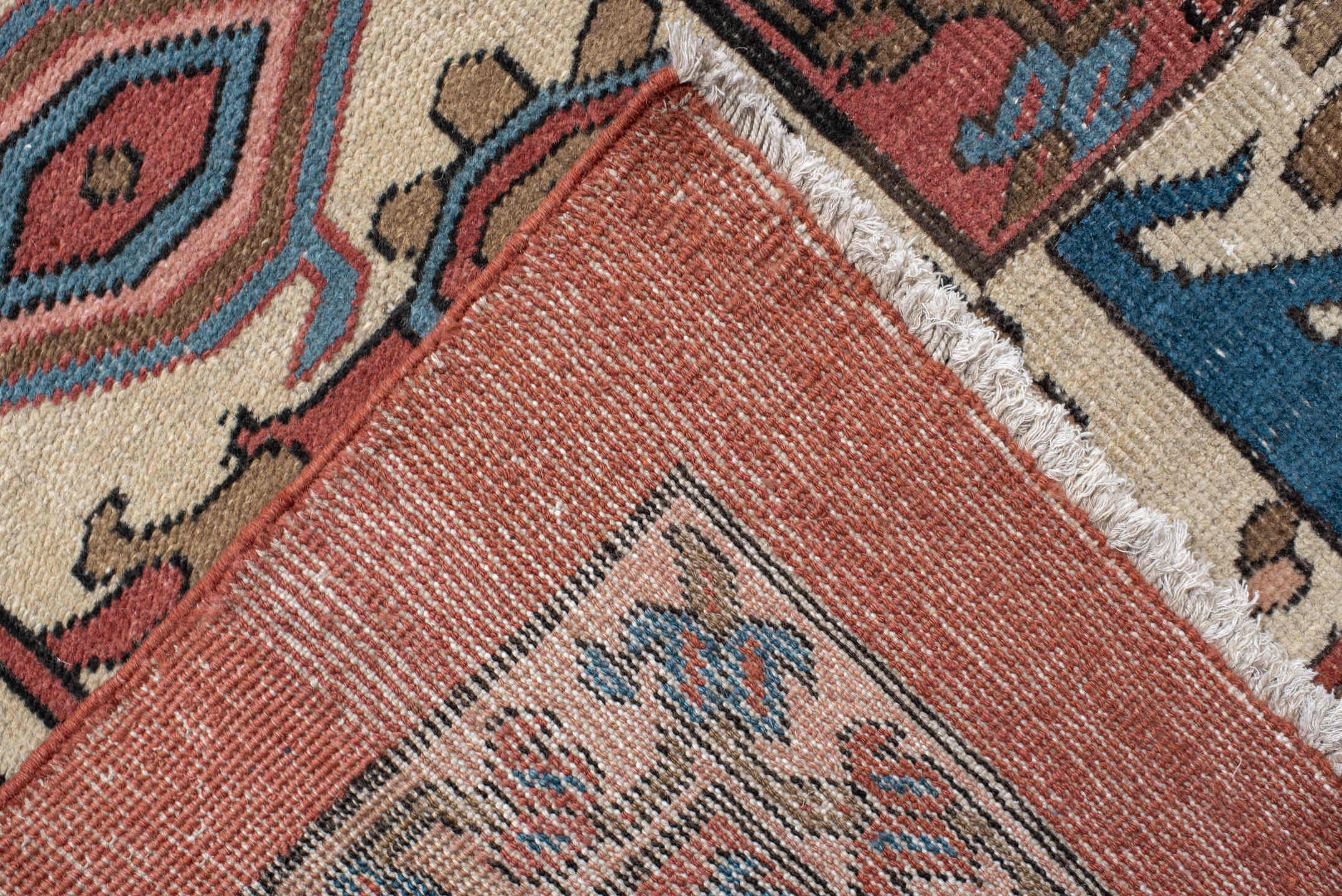 11' x 16' one-of-a-kind handmade vintage Serapi oversize rug. Color palette: terra cotta, ivory, sky blue, navy, rose