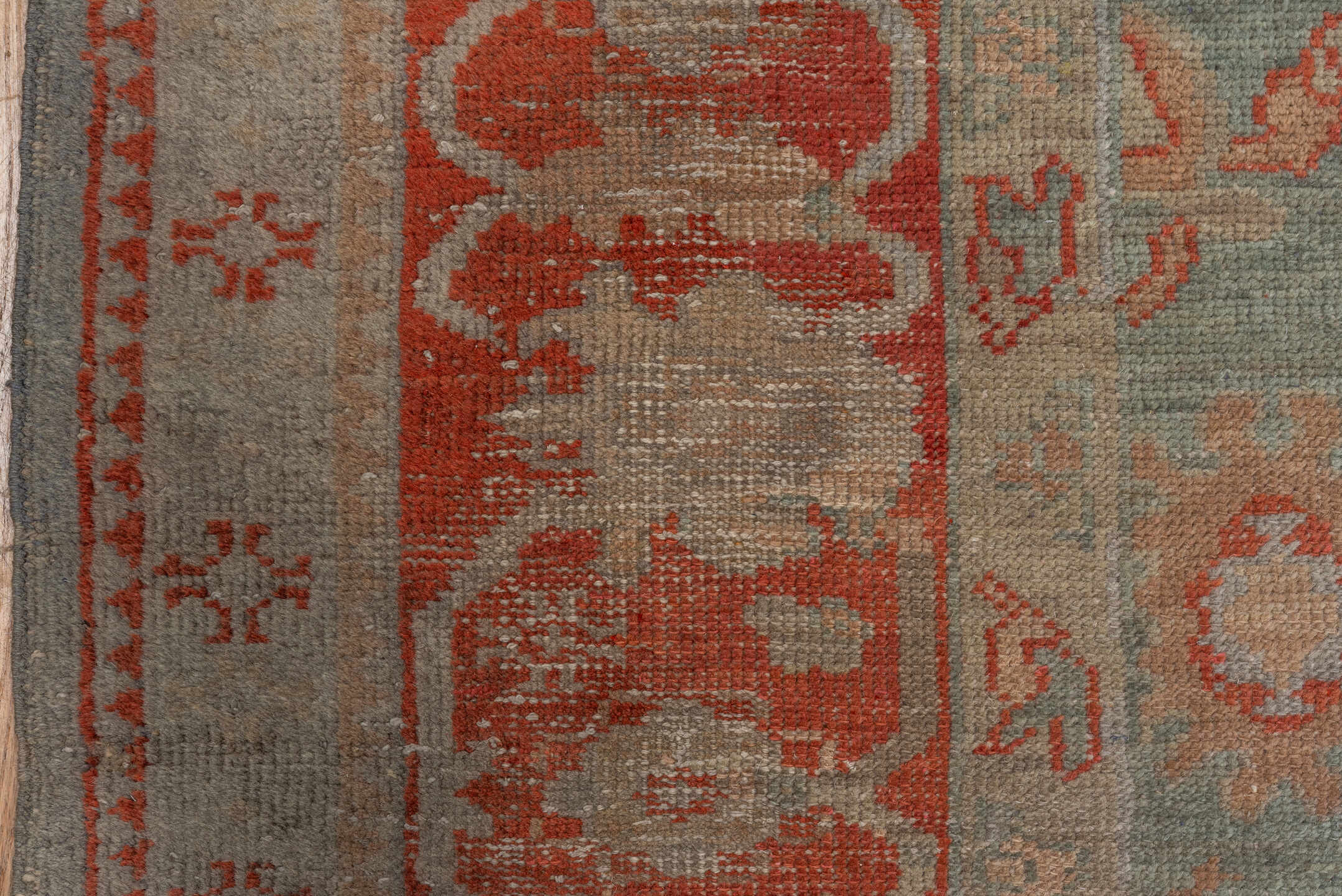 7' x 9' one-of-a-kind handmade antique Oushak rug. Color palette: sage, terra cotta, ivory, taupe, rose, beige, green