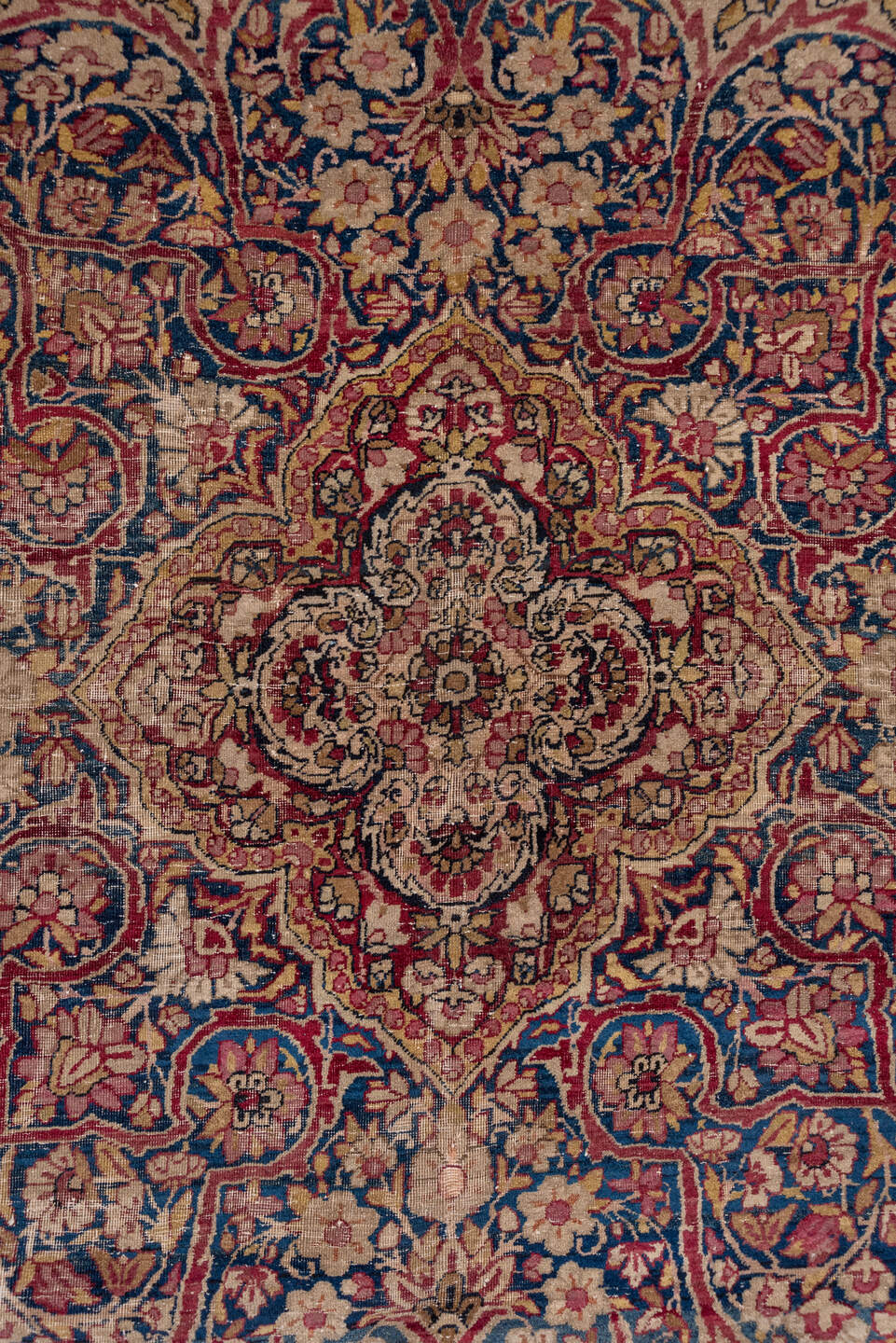 9' x 11' one-of-a-kind handmade vintage Lavar large size rug. Color palette: black, blue, brown, dim gray, gray, pink, red