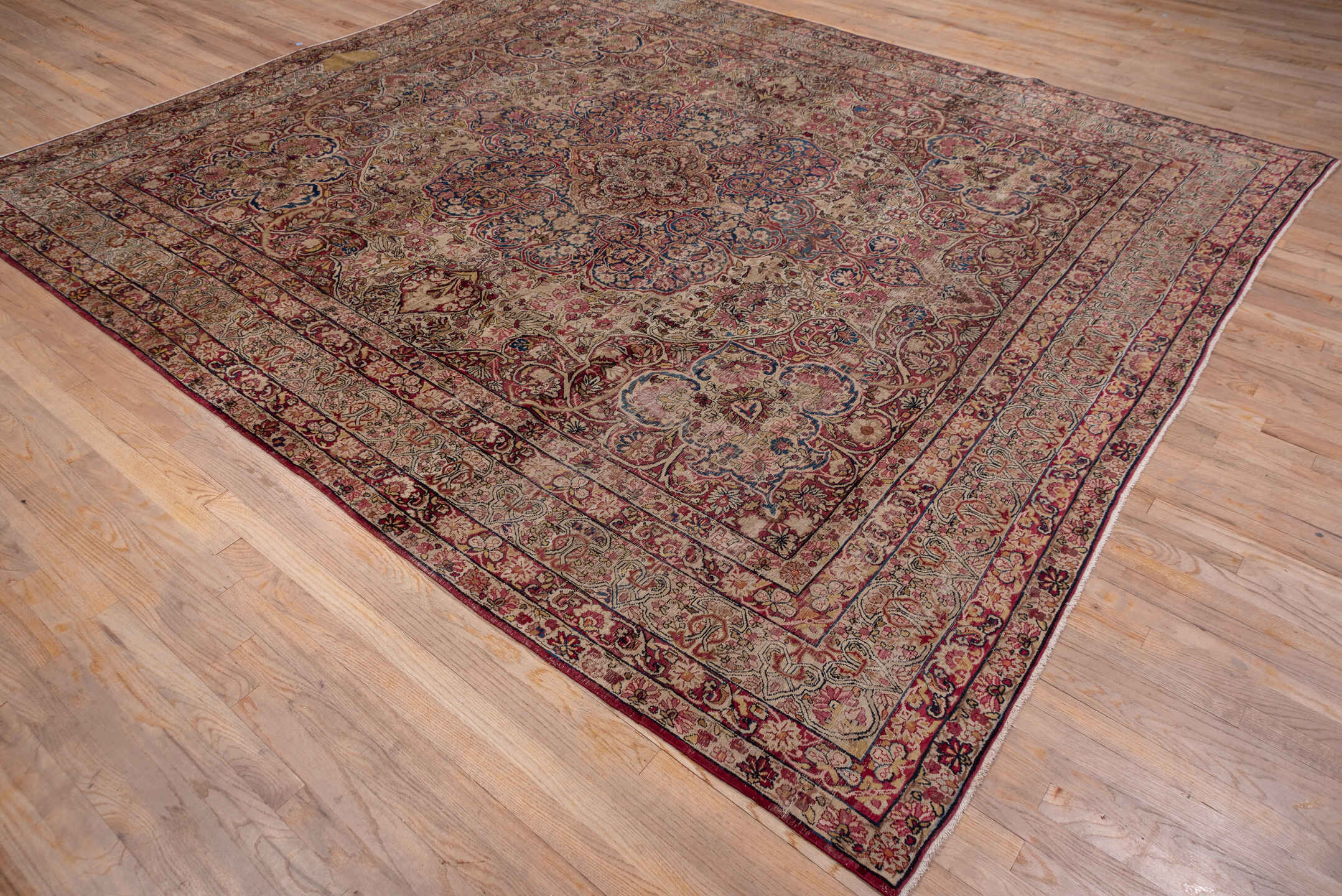 9' x 11' one-of-a-kind handmade vintage Lavar large size rug. Color palette: black, blue, brown, dim gray, gray, pink, red