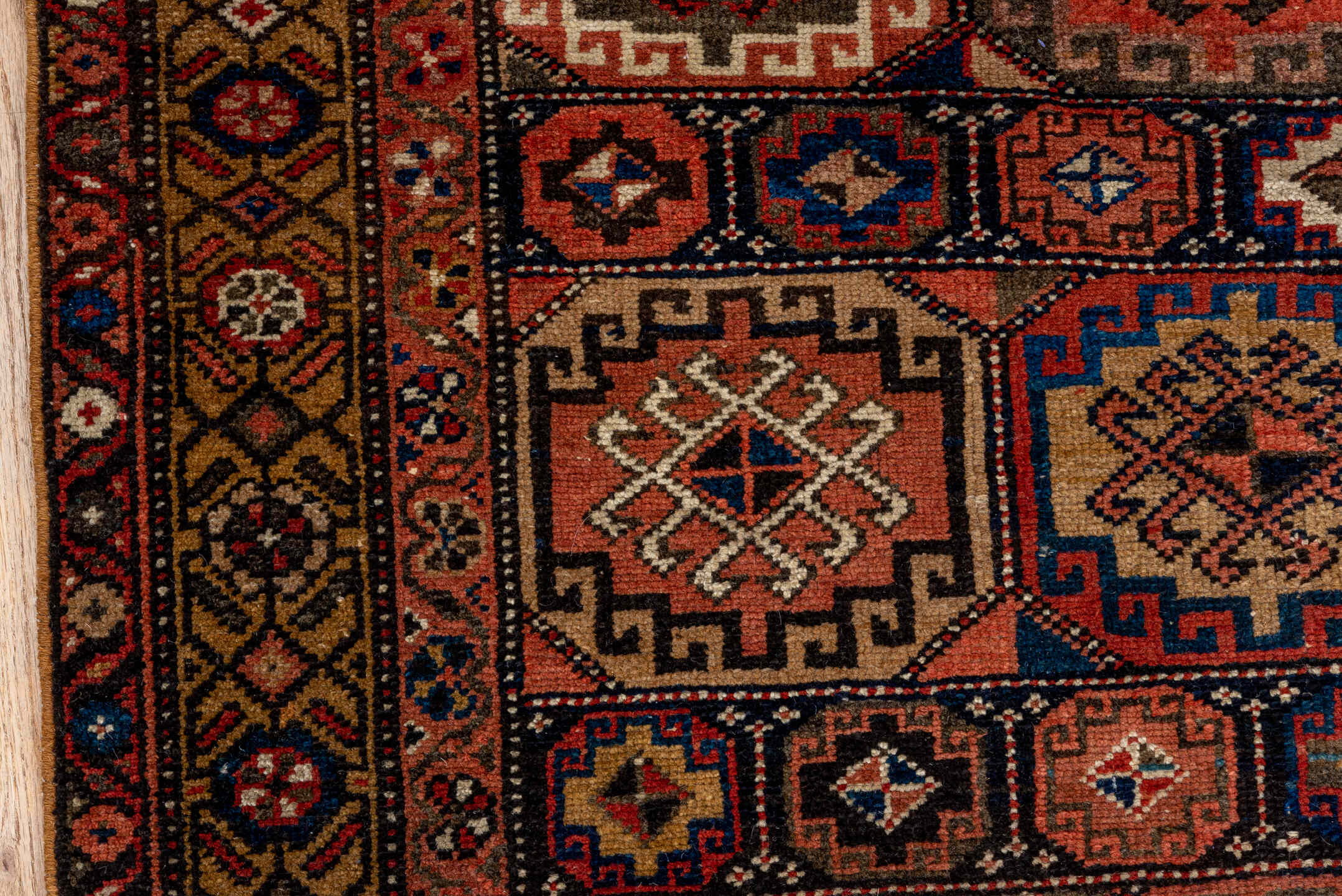 4' x 6' one-of-a-kind handmade antique Malayer small size rug. Color palette: camel, navy, rust, terracotta, ivory, brown
