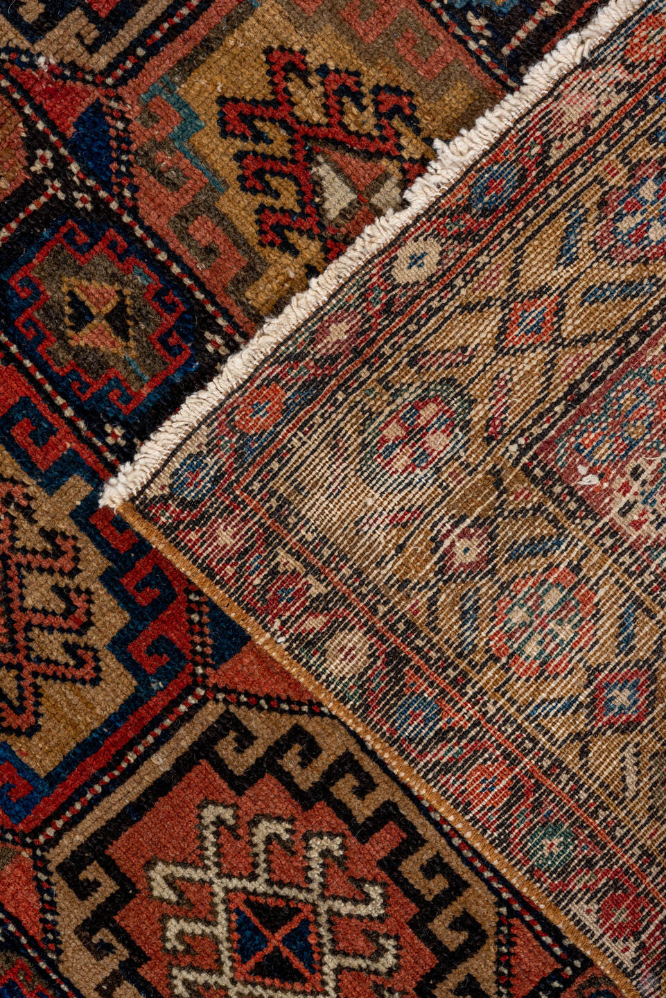 4' x 6' one-of-a-kind handmade antique Malayer small size rug. Color palette: camel, navy, rust, terracotta, ivory, brown