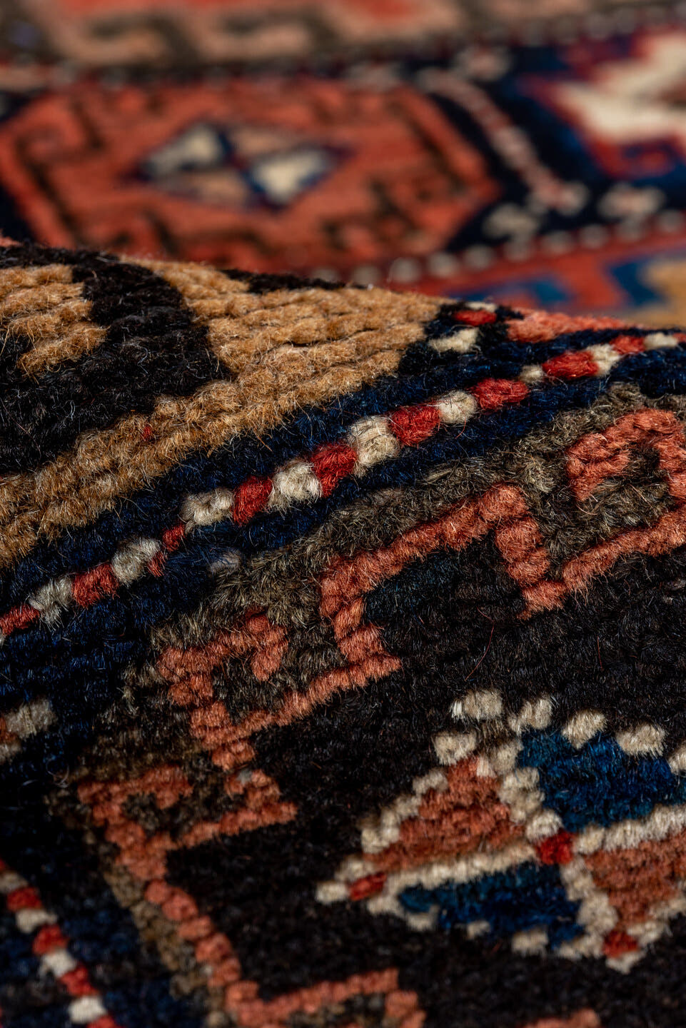 4' x 6' one-of-a-kind handmade antique Malayer small size rug. Color palette: camel, navy, rust, terracotta, ivory, brown