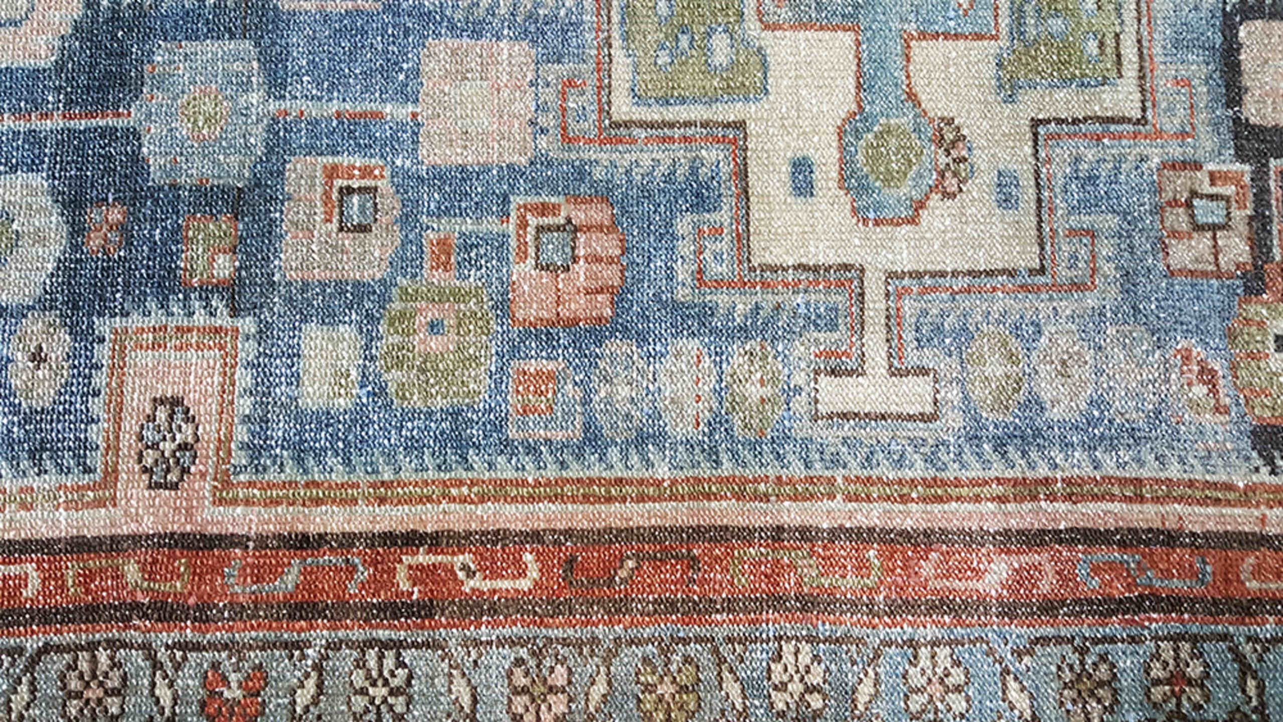 9' x 13' one-of-a-kind handmade vintage Kilim large size rug. Color palette: charcoal, sky blue, blush, terracotta, ivory