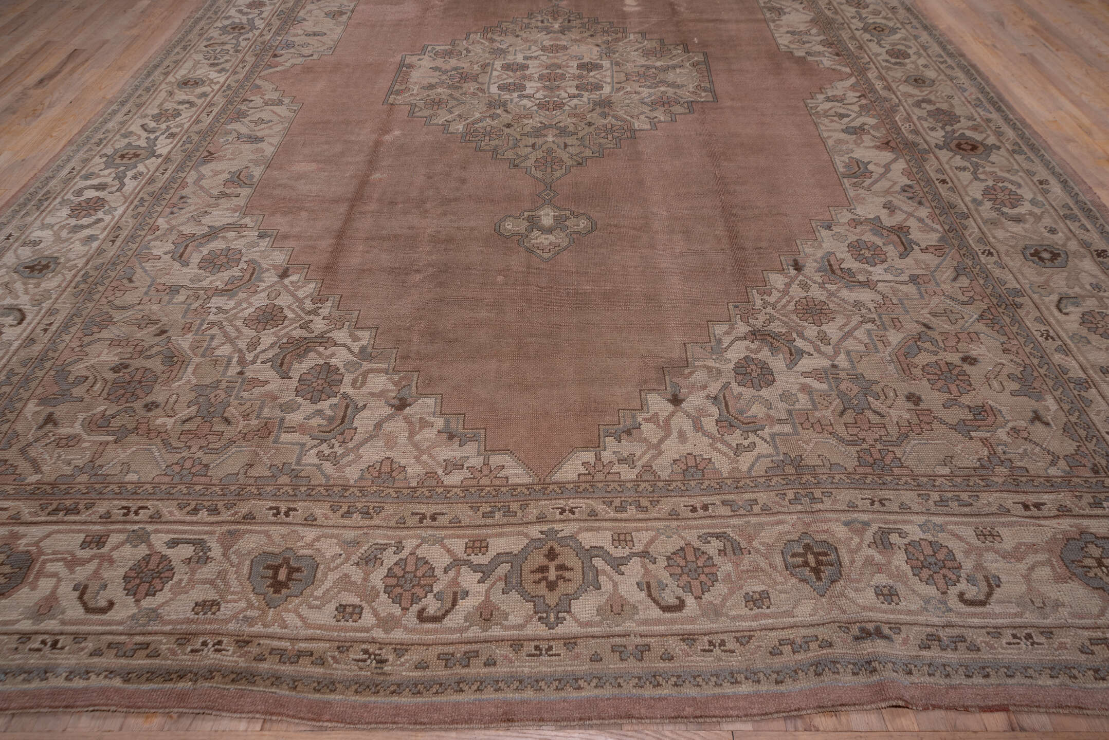 10' x 14' one-of-a-kind handmade vintage Kilim rug. Color palette: rose, ivory, taupe, dusty blue, camel, brown, pink, red