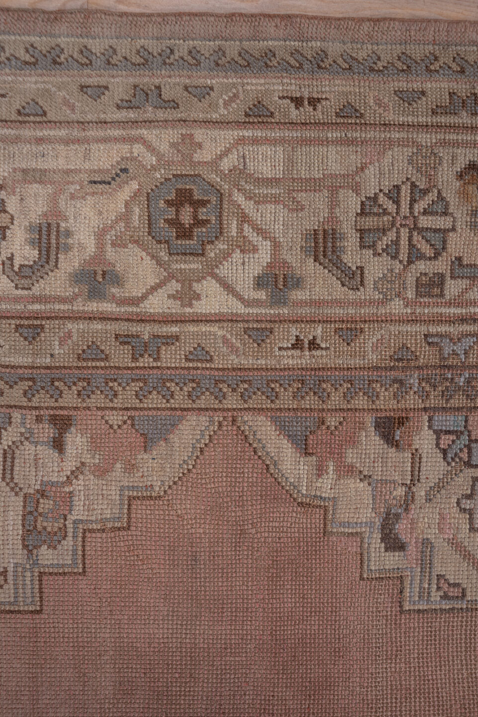 10' x 14' one-of-a-kind handmade vintage Kilim rug. Color palette: rose, ivory, taupe, dusty blue, camel, brown, pink, red
