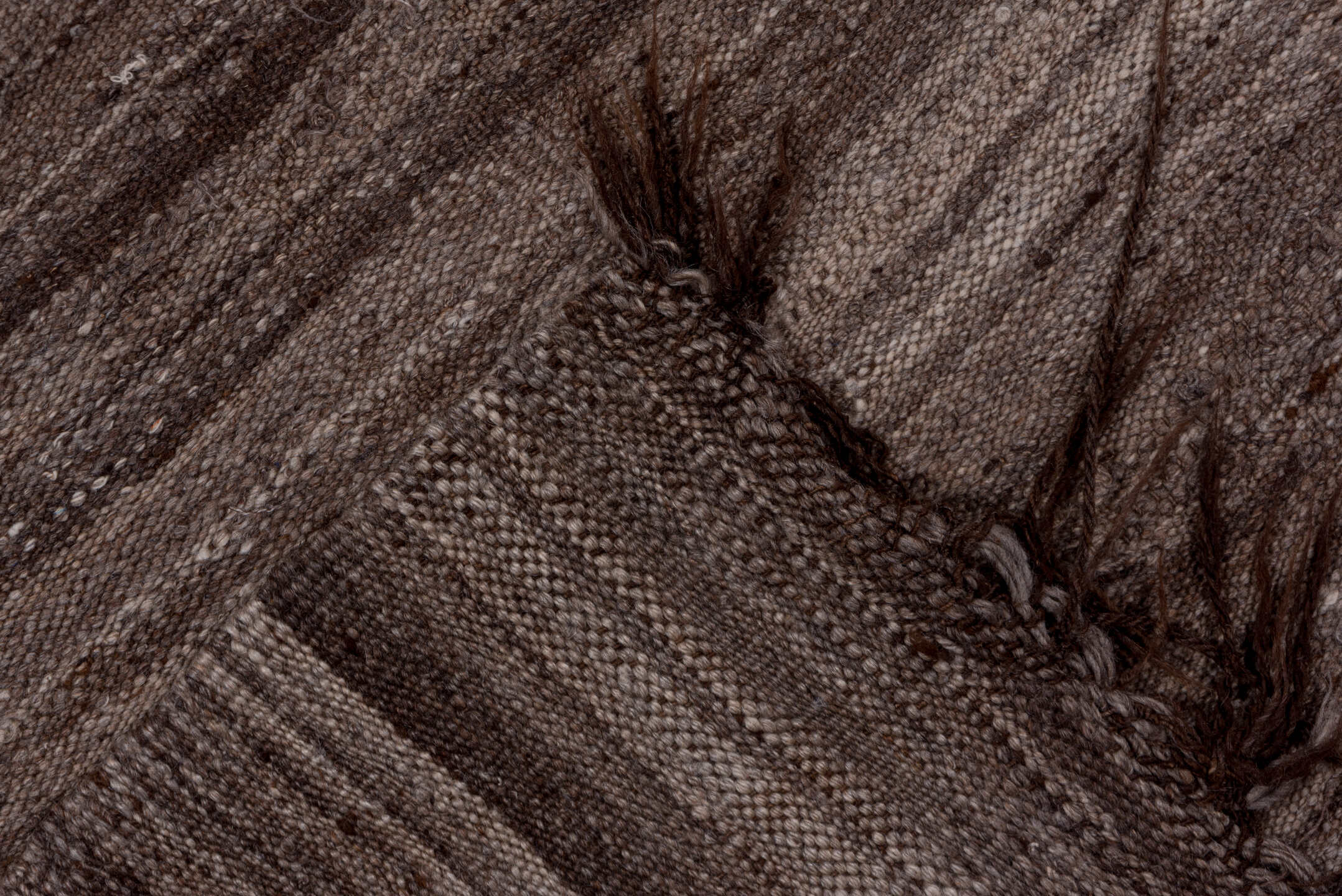 5' x 10' one-of-a-kind handmade vintage Kilim medium size rug. Color palette: taupe, brown, charcoal, mushroom, ivory, beige