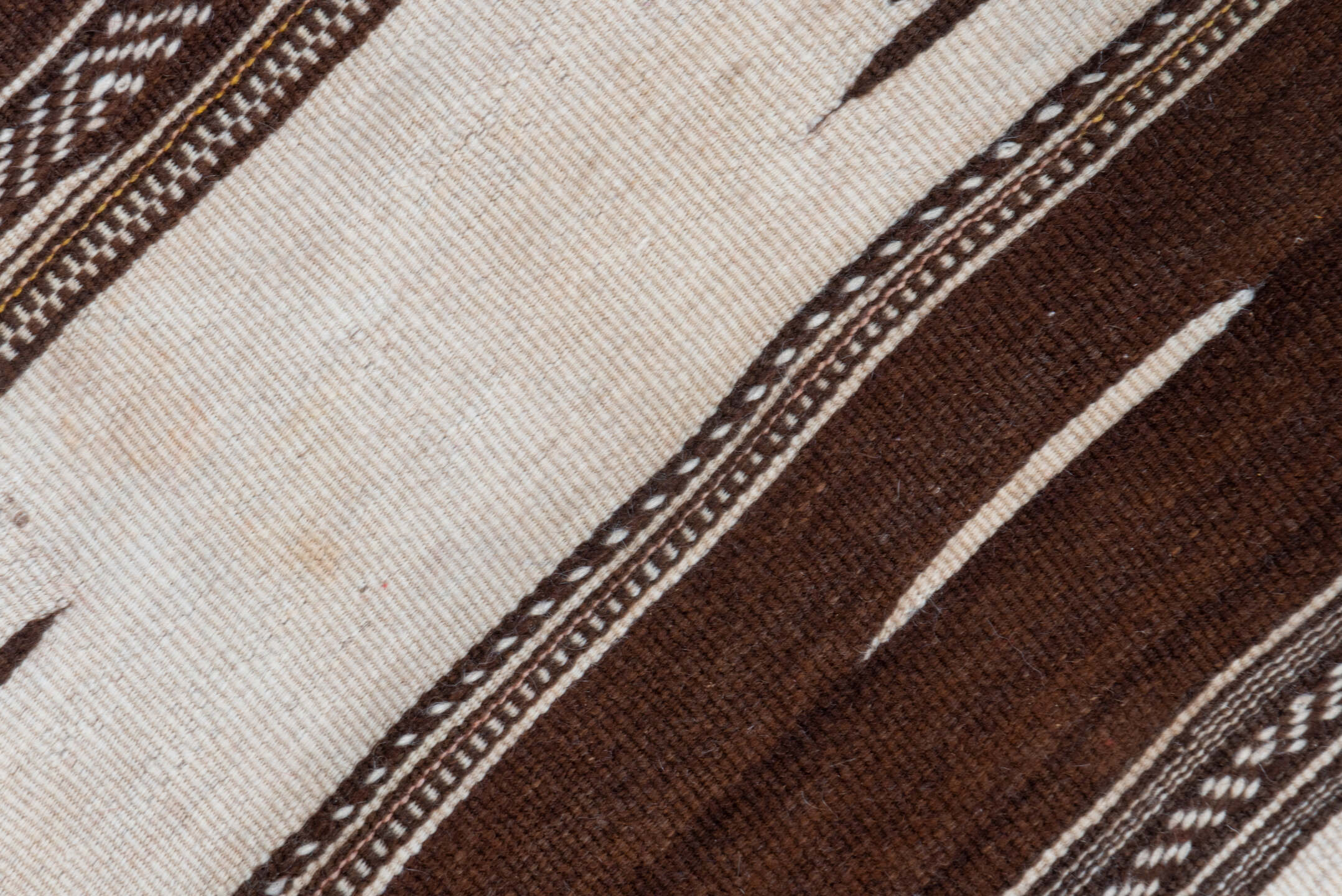 4' x 11' one-of-a-kind handmade vintage Kilim runner rug. Color palette: taupe, brown, ivory, charcoal, beige, gray, black