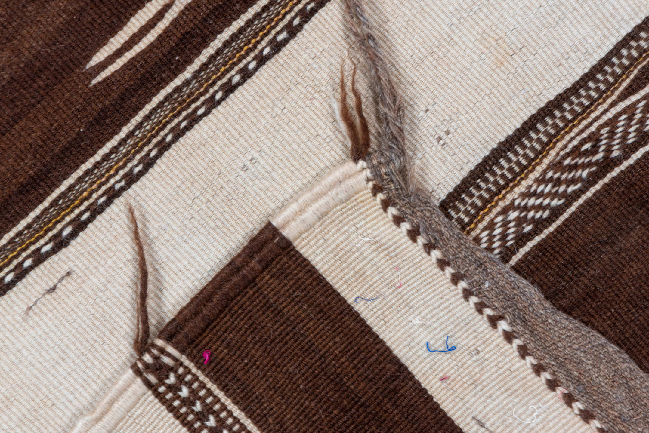 4' x 11' one-of-a-kind handmade vintage Kilim runner rug. Color palette: taupe, brown, ivory, charcoal, beige, gray, black