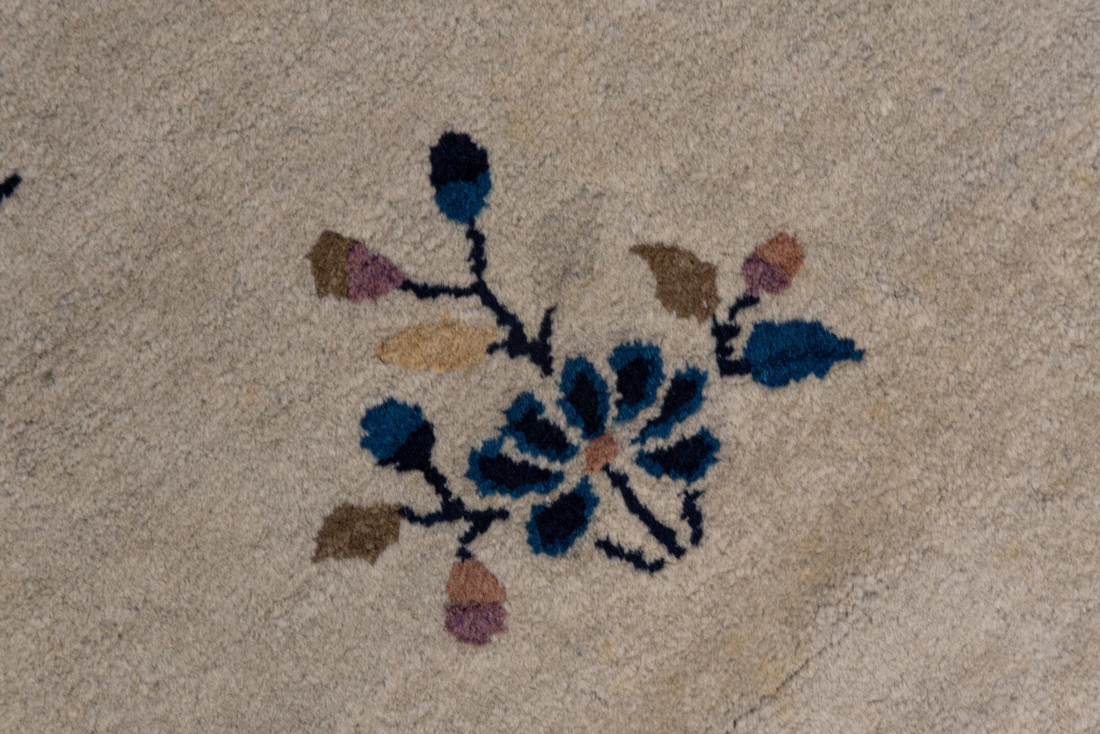 12' x 15' one-of-a-kind handmade vintage Afghan oversize rug. Color palette: ivory, navy, camel, rose, sky blue, taupe