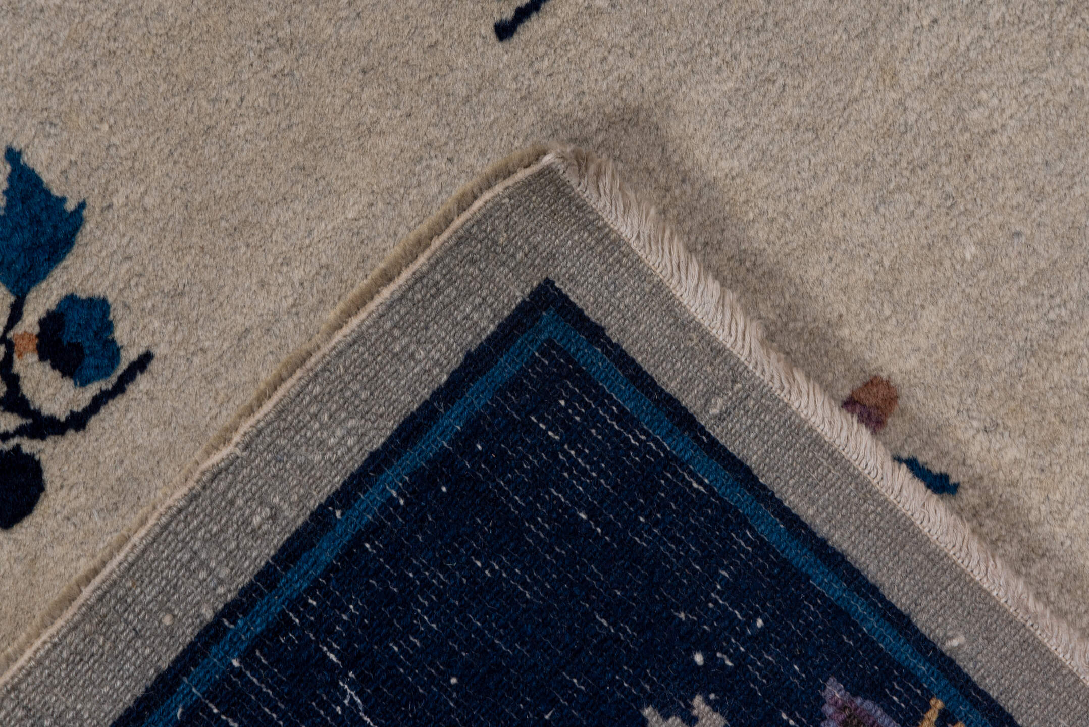 3' x 6' one-of-a-kind handmade vintage Chinese small size rug. Color palette: navy, ivory, blue, lavender, taupe, camel