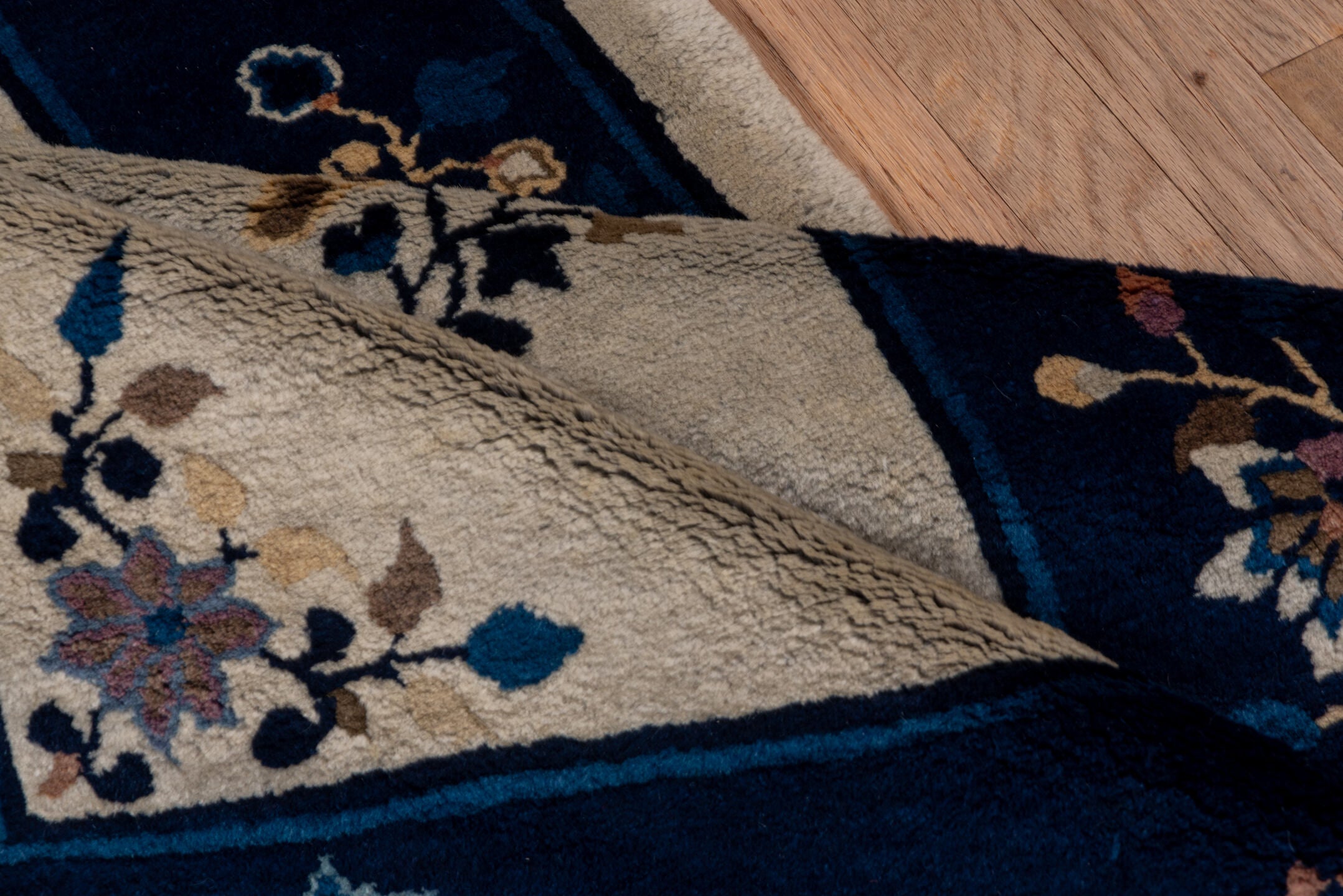 3' x 6' one-of-a-kind handmade vintage Chinese small size rug. Color palette: navy, ivory, blue, lavender, taupe, camel