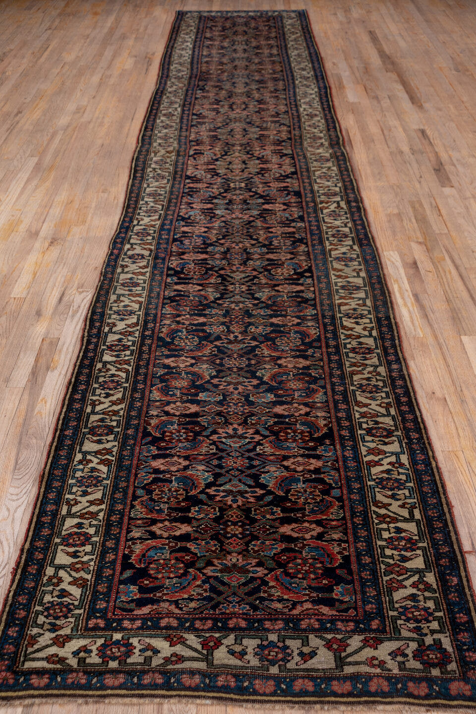 3' x 18' one-of-a-kind handmade antique Bidjar runner rug. Color palette: navy, ivory, rust, camel, rose, slate, blue