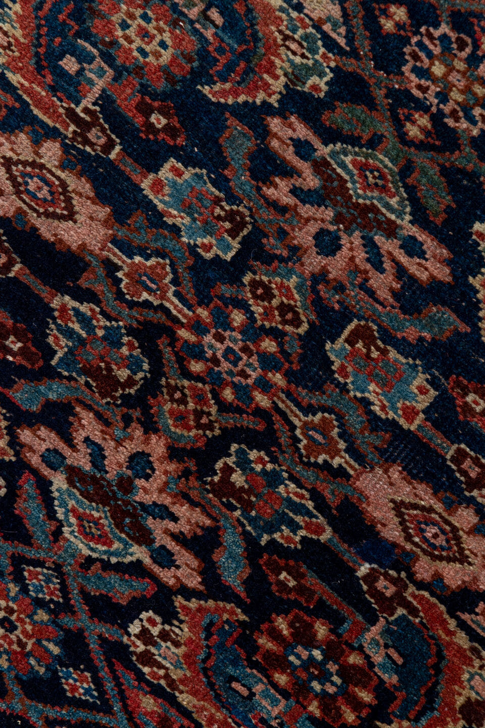 3' x 18' one-of-a-kind handmade antique Bidjar runner rug. Color palette: navy, ivory, rust, camel, rose, slate, blue
