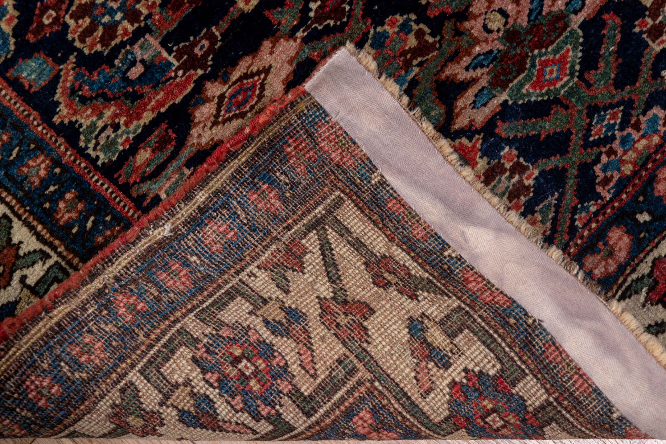 3' x 18' one-of-a-kind handmade antique Bidjar runner rug. Color palette: navy, ivory, rust, camel, rose, slate, blue
