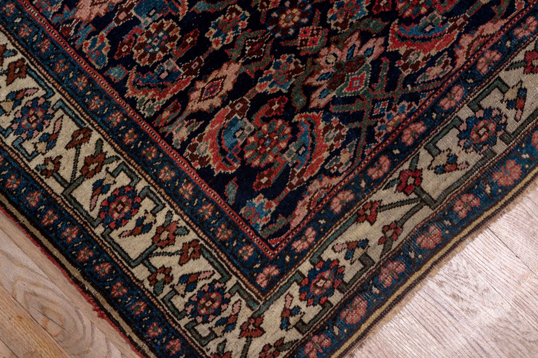 3' x 18' one-of-a-kind handmade antique Bidjar runner rug. Color palette: navy, ivory, rust, camel, rose, slate, blue