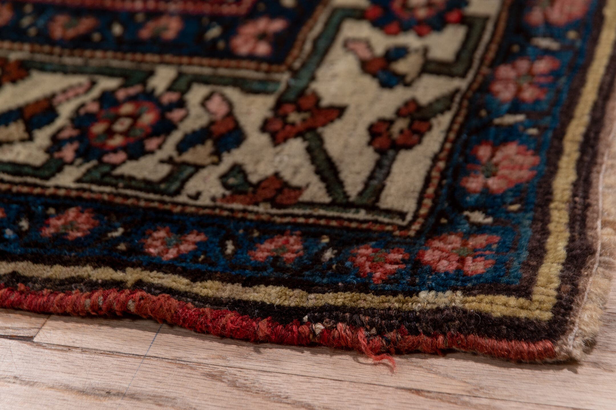 3' x 18' one-of-a-kind handmade antique Bidjar runner rug. Color palette: navy, ivory, rust, camel, rose, slate, blue