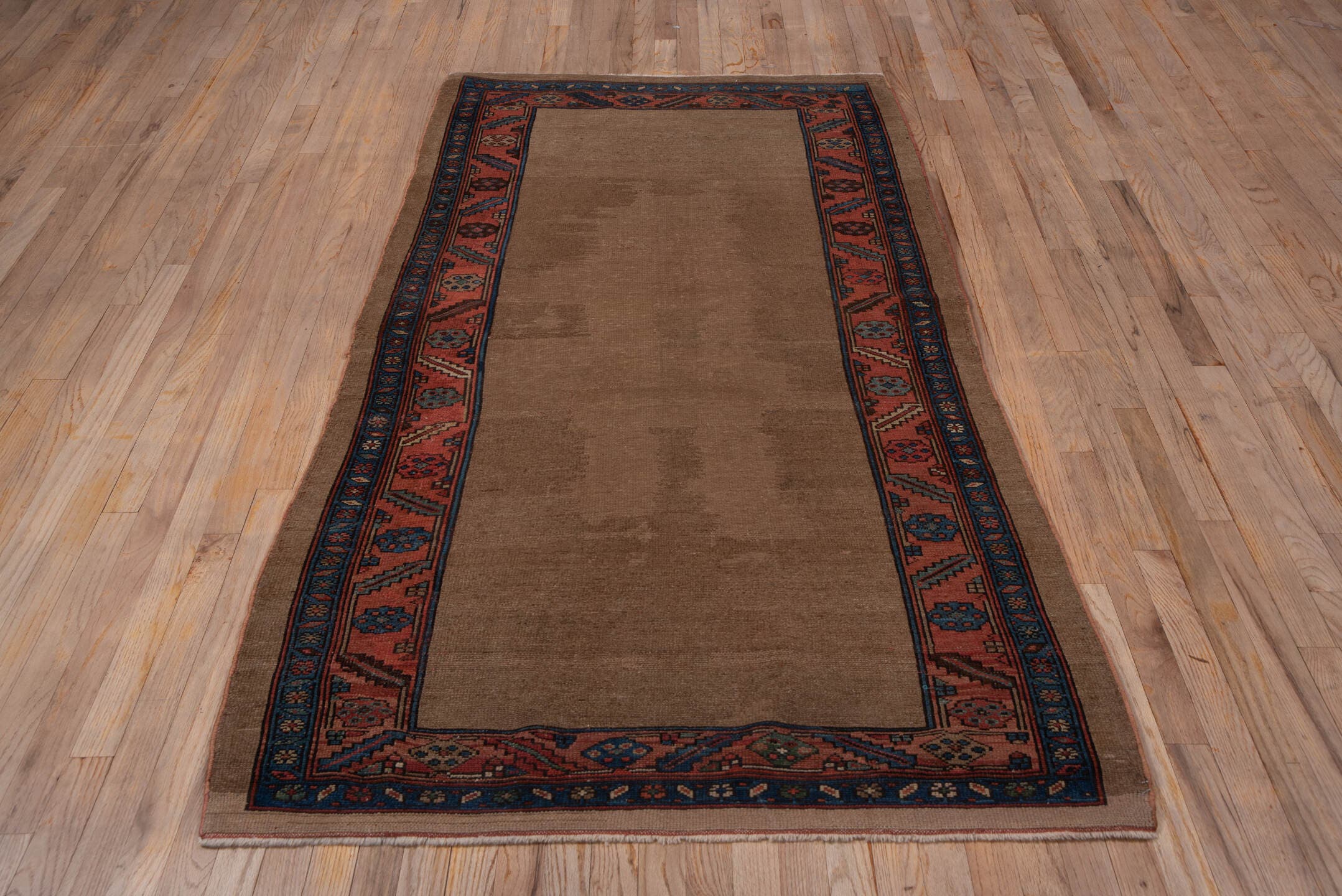 3' x 17' one-of-a-kind handmade vintage Tulu runner rug. Color palette: camel, coral, navy, ivory, taupe, slate, beige