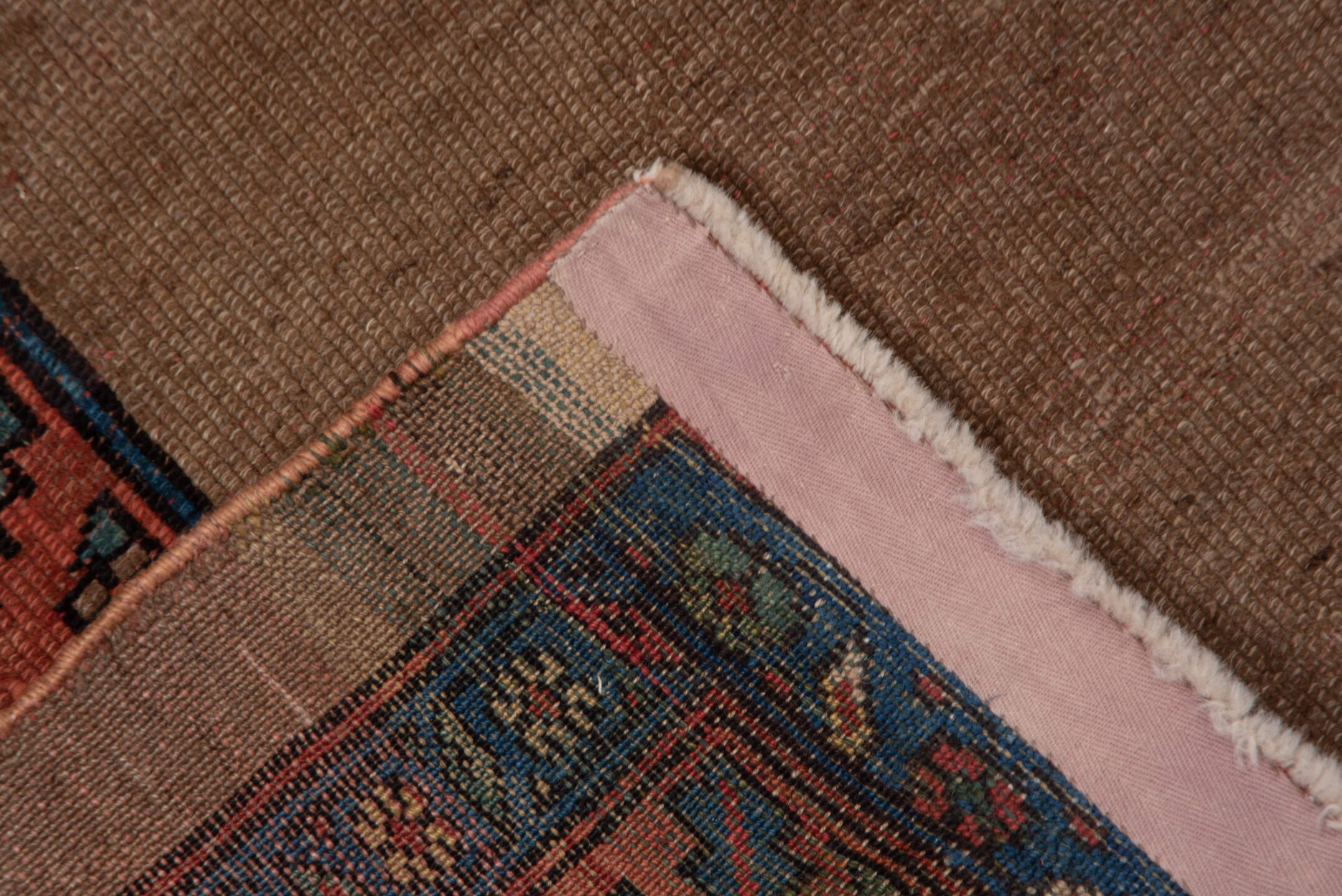 3' x 17' one-of-a-kind handmade vintage Tulu runner rug. Color palette: camel, coral, navy, ivory, taupe, slate, beige