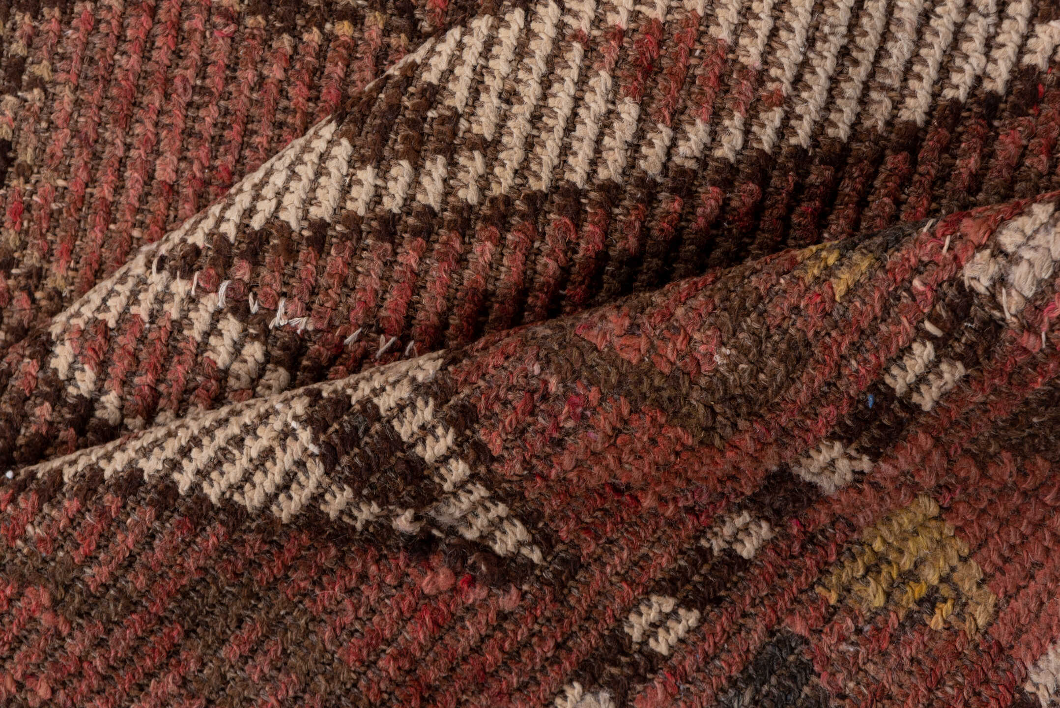 4' x 12' one-of-a-kind handmade vintage Ouzbek runner rug. Color palette: brown, pink, redwood