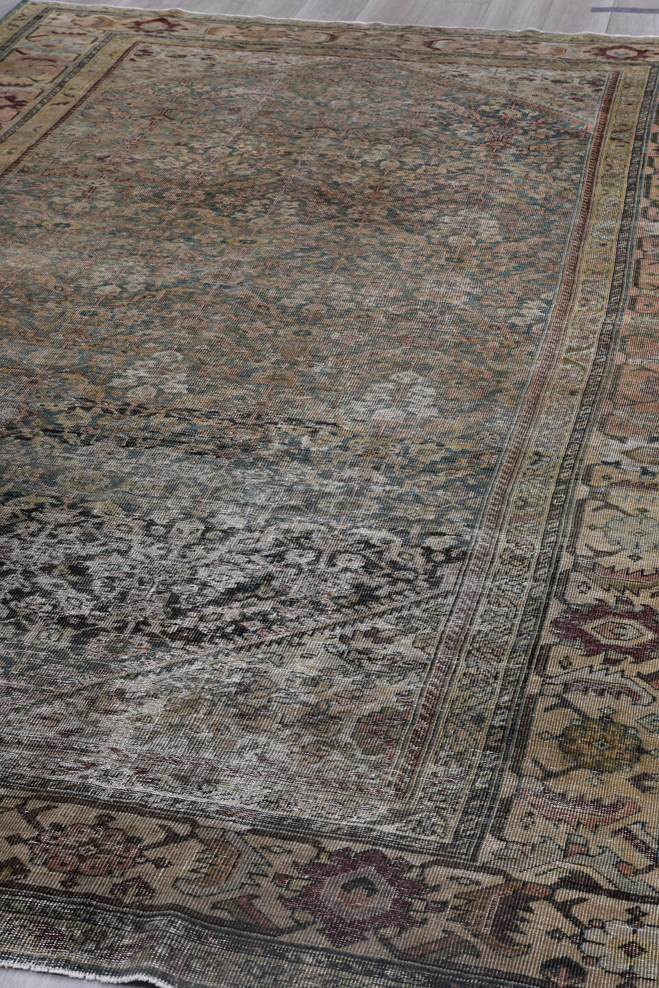 7' x 11' one-of-a-kind handmade vintage Farahan large size rug. Color palette: black, blue, brown, charcoal, dark gray
