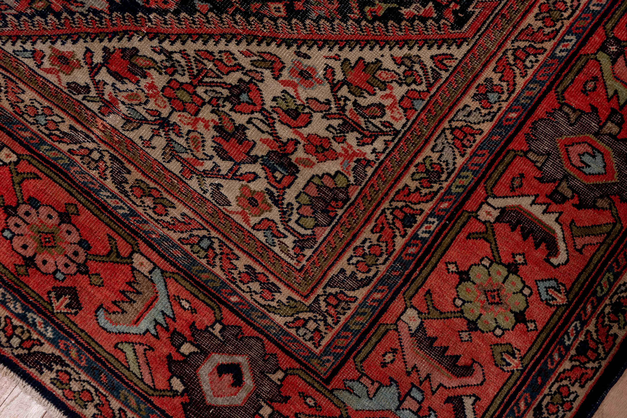 7' x 11' one-of-a-kind handmade vintage Farahan large size rug. Color palette: black, blue, brown, charcoal, dark gray