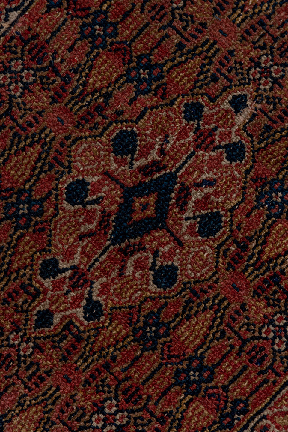 2' x 15' one-of-a-kind handmade antique Cam Hamadan runner rug. Color palette: terra cotta, navy, camel, rust, ivory, brown