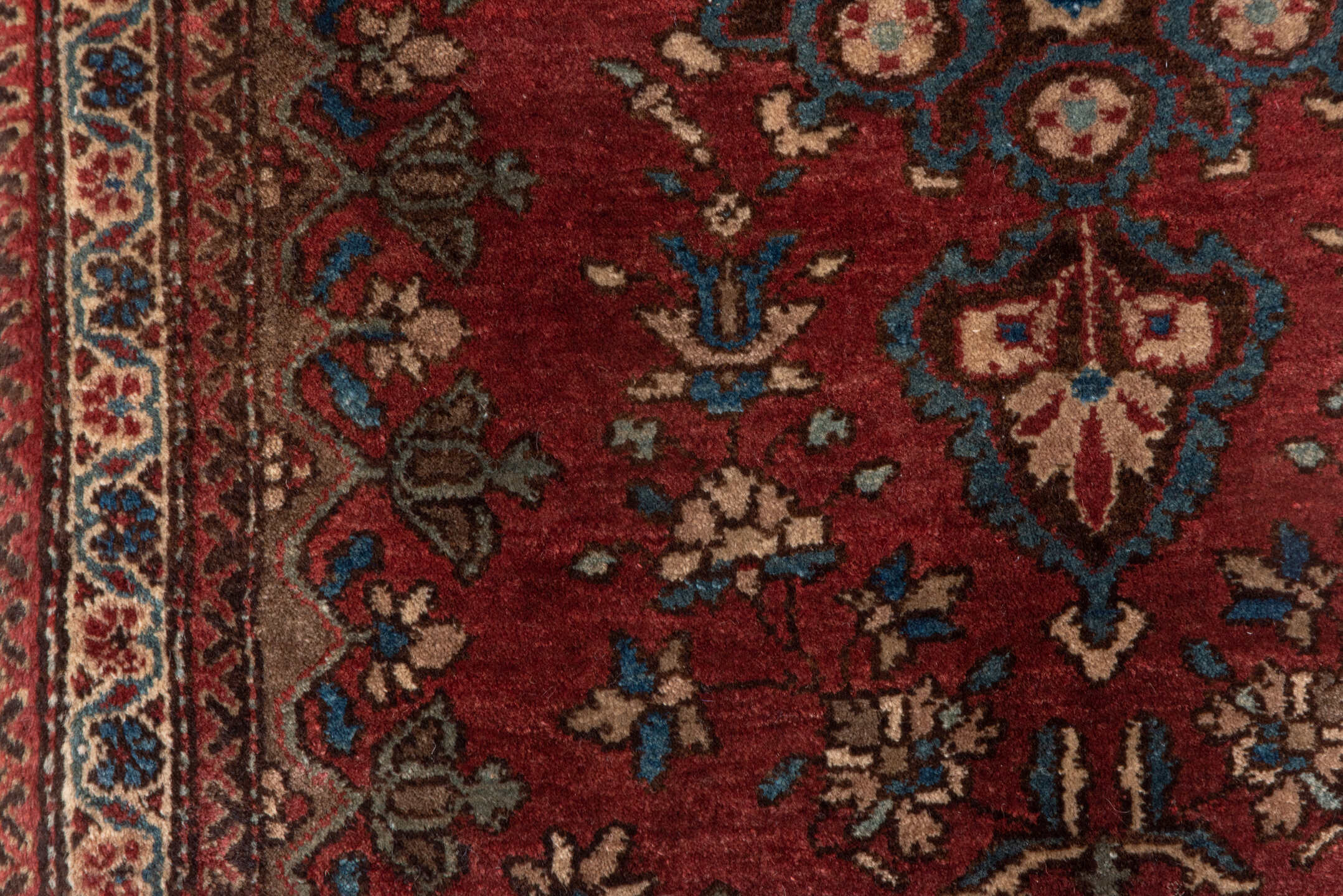 1' x 2' one-of-a-kind handmade antique Sarouk small size rug. Color palette: rust, burgundy, ivory, navy, camel, rose, brown