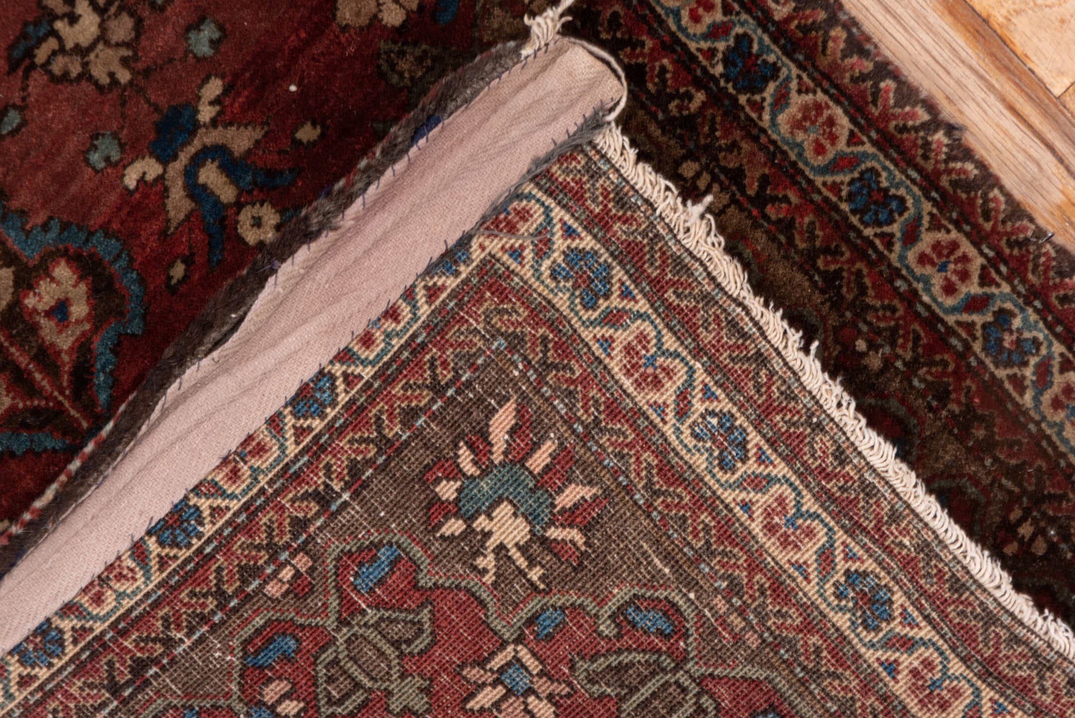 1' x 2' one-of-a-kind handmade antique Sarouk small size rug. Color palette: rust, burgundy, ivory, navy, camel, rose, brown