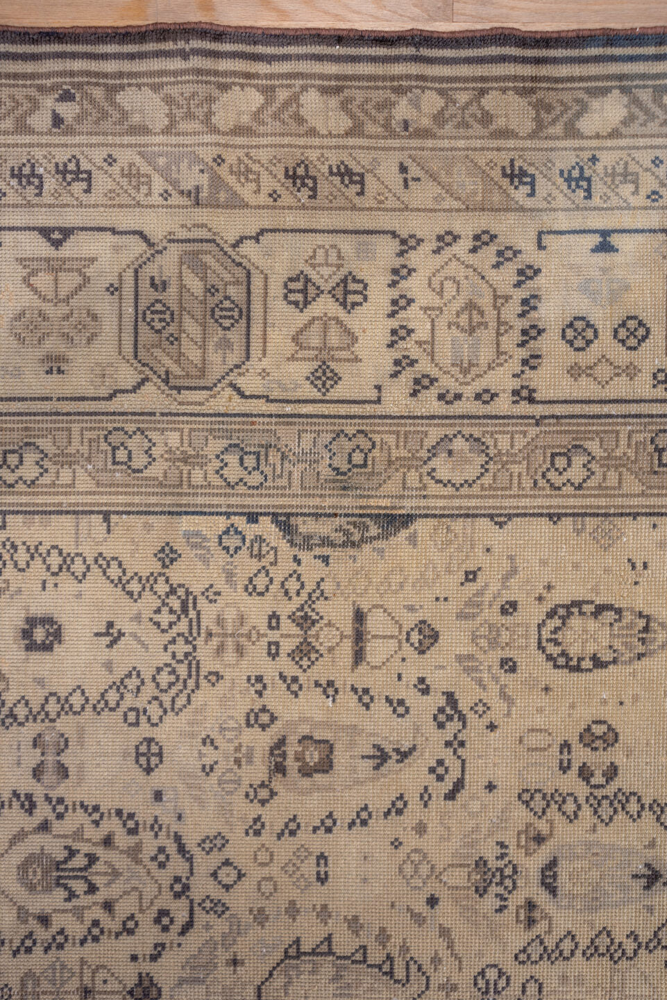 12' x 15' one-of-a-kind handmade antique Sivas oversize rug. Color palette: ivory, taupe, blue gray, camel, slate, beige