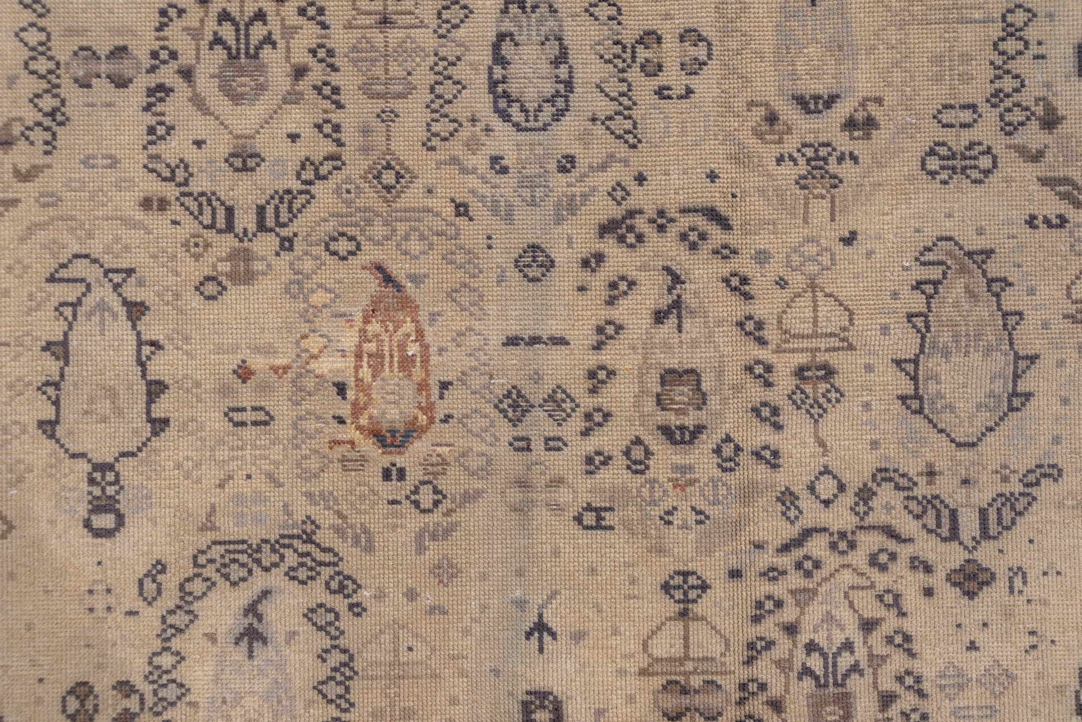12' x 15' one-of-a-kind handmade antique Sivas oversize rug. Color palette: ivory, taupe, blue gray, camel, slate, beige