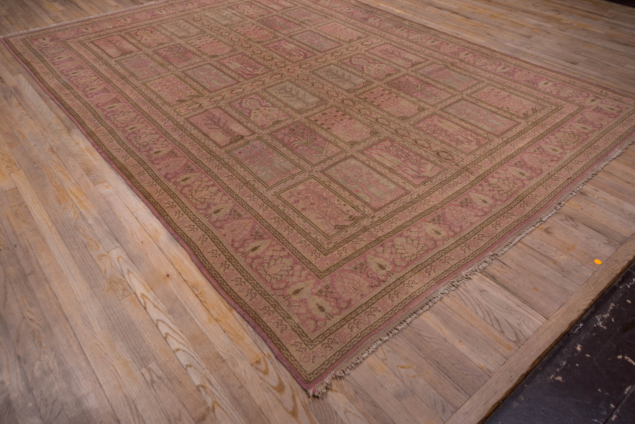 8' x 12' one-of-a-kind handmade vintage Oushak large size rug. Color palette: brown, pink, red, redwood