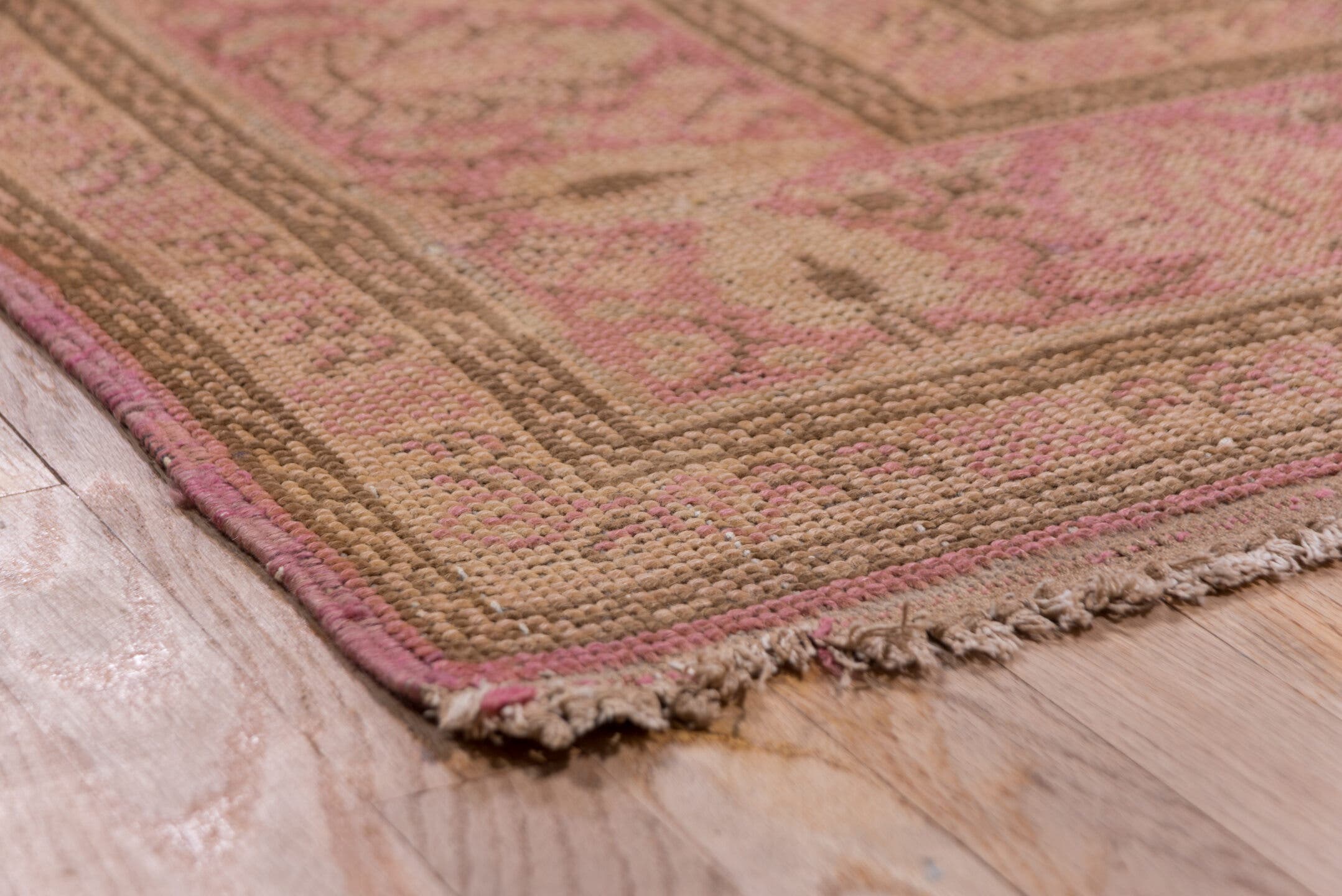 8' x 12' one-of-a-kind handmade antique Oushak large size rug. Color palette: rose, blush, taupe, dusty pink, beige, mauve
