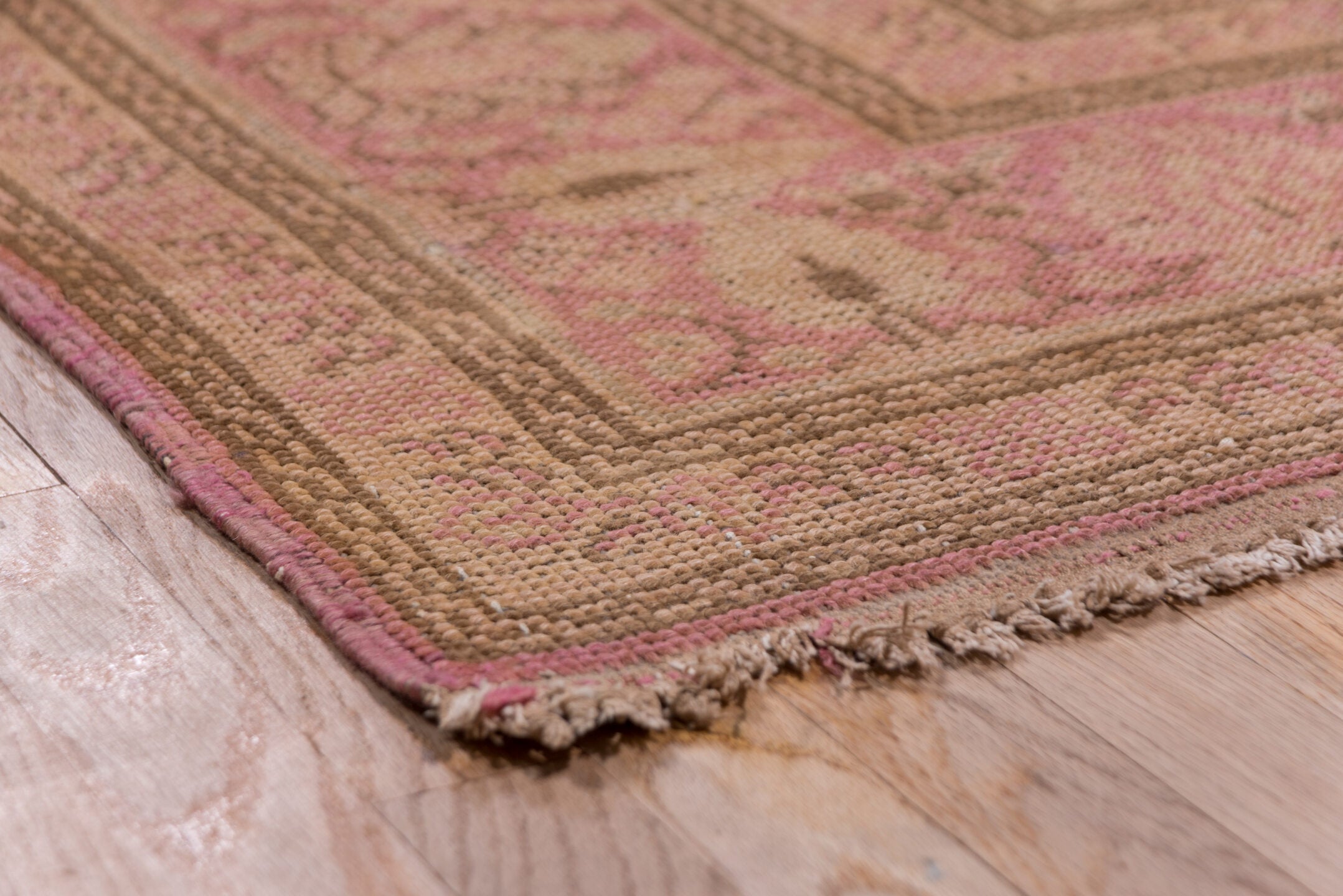 8' x 12' one-of-a-kind handmade vintage Oushak large size rug. Color palette: brown, pink, red, redwood