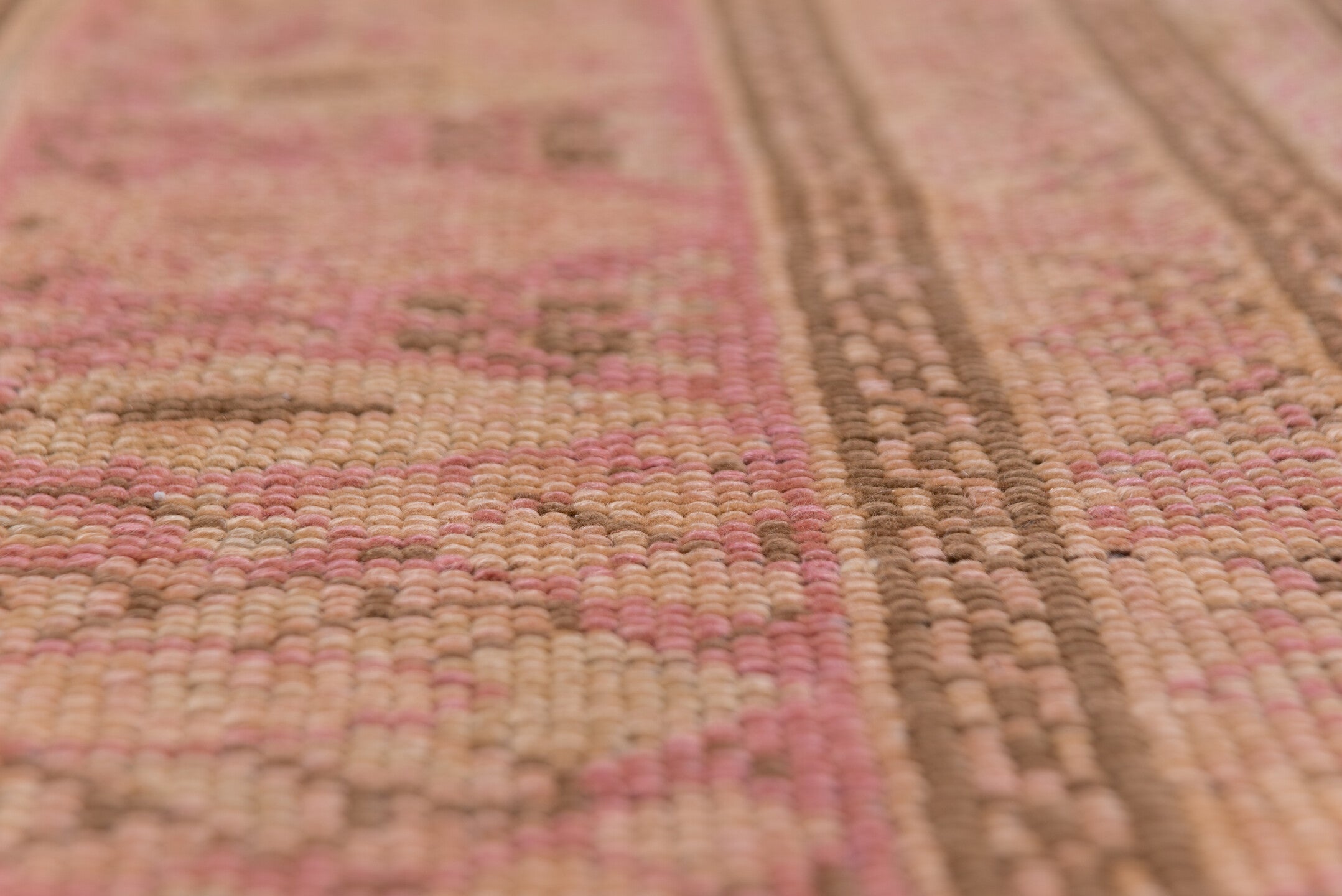 8' x 12' one-of-a-kind handmade vintage Oushak large size rug. Color palette: brown, pink, red, redwood