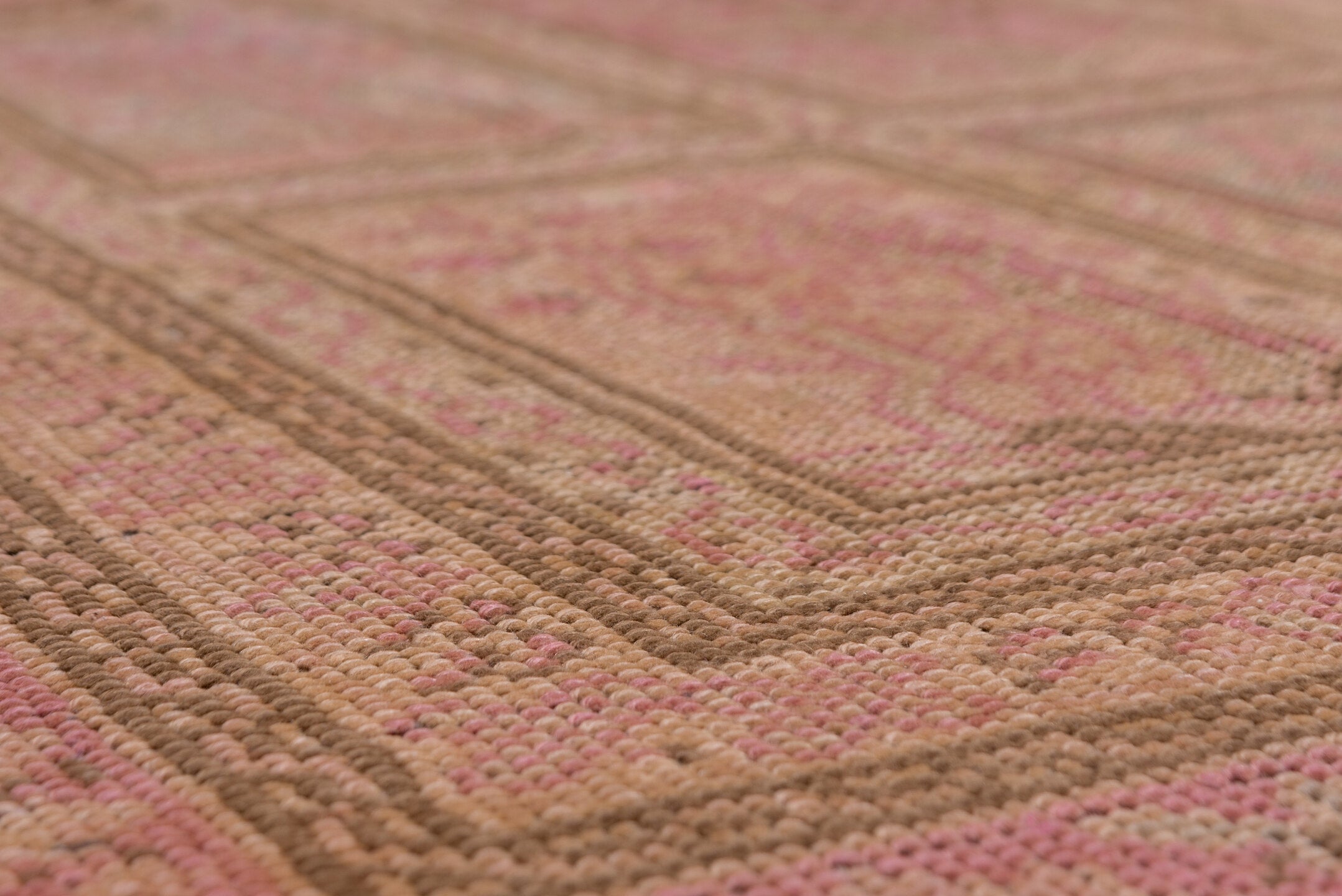 8' x 12' one-of-a-kind handmade vintage Oushak large size rug. Color palette: brown, pink, red, redwood