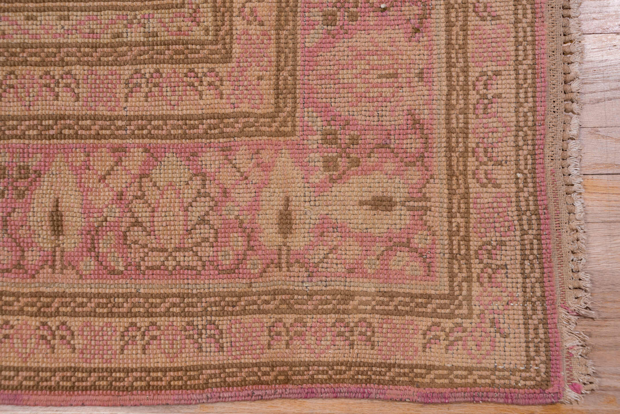 8' x 12' one-of-a-kind handmade vintage Oushak large size rug. Color palette: brown, pink, red, redwood