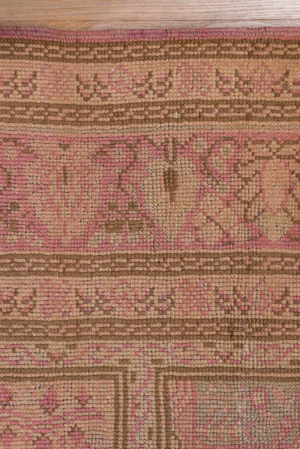 8' x 12' one-of-a-kind handmade vintage Oushak large size rug. Color palette: brown, pink, red, redwood