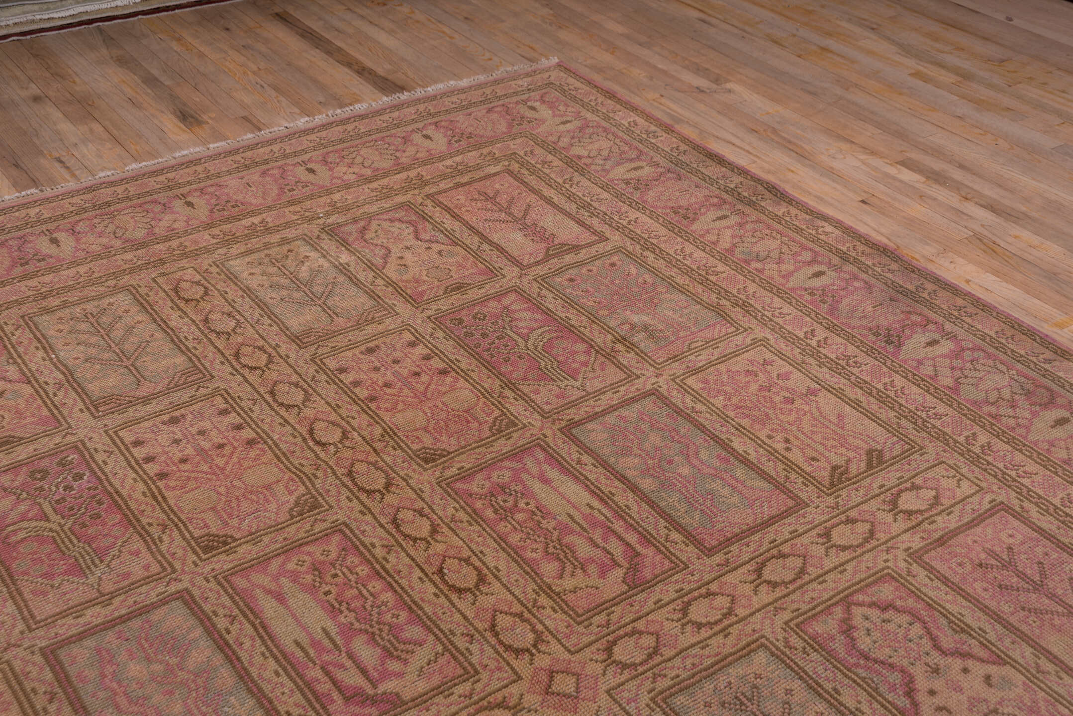 8' x 12' one-of-a-kind handmade vintage Oushak large size rug. Color palette: brown, pink, red, redwood