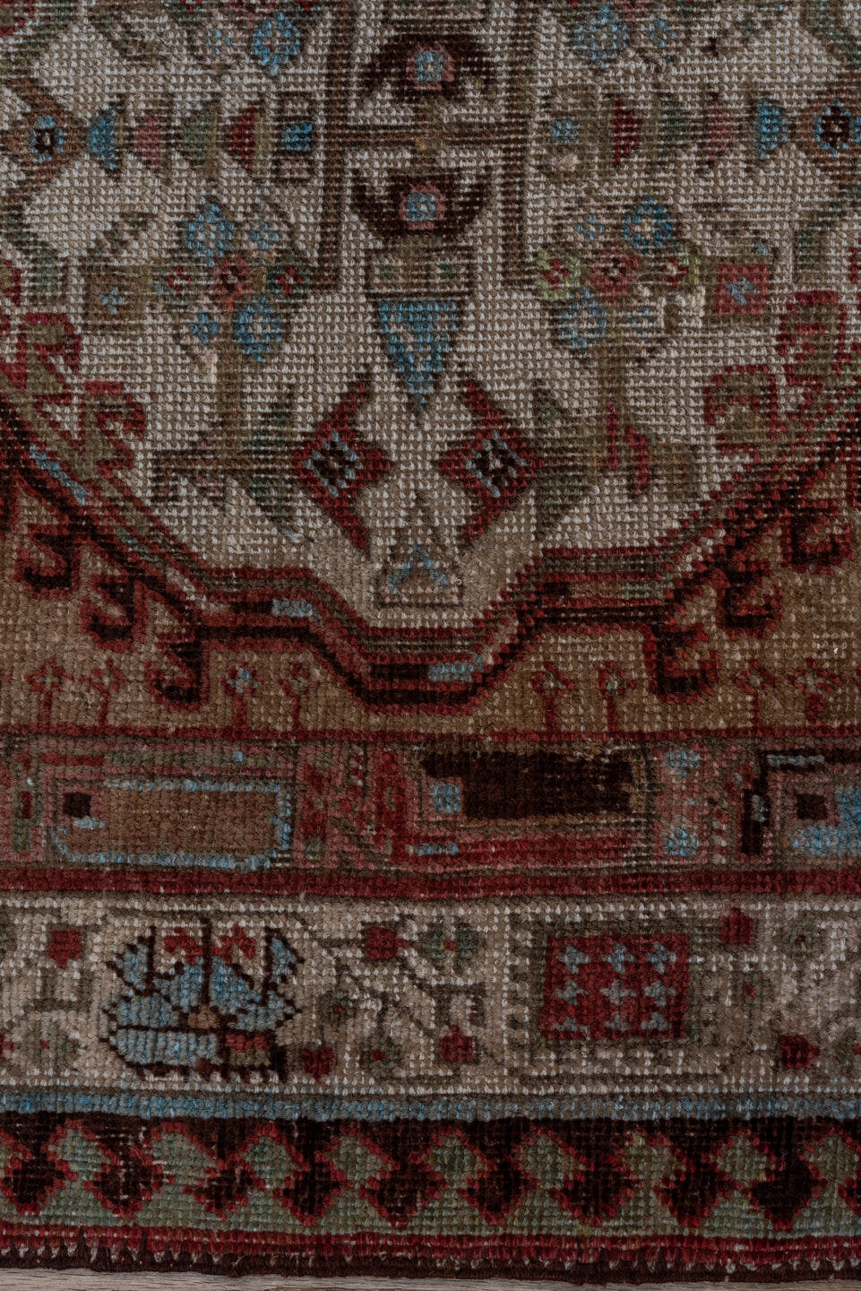 2' x 17' one-of-a-kind handmade antique Sarab runner rug. Color palette: rust, ivory, brick, camel, slate, charcoal, taupe