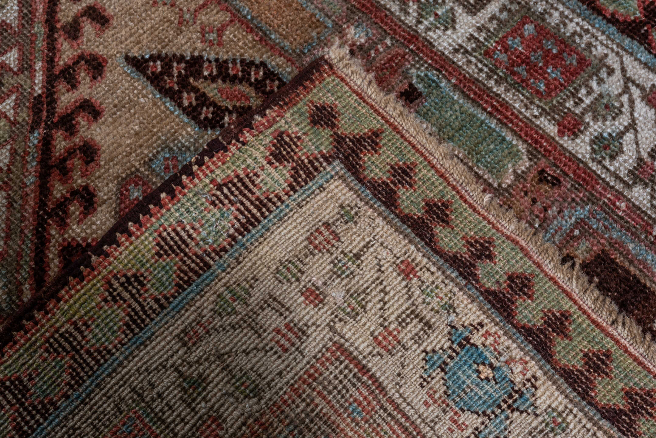 2' x 17' one-of-a-kind handmade antique Sarab runner rug. Color palette: rust, ivory, brick, camel, slate, charcoal, taupe