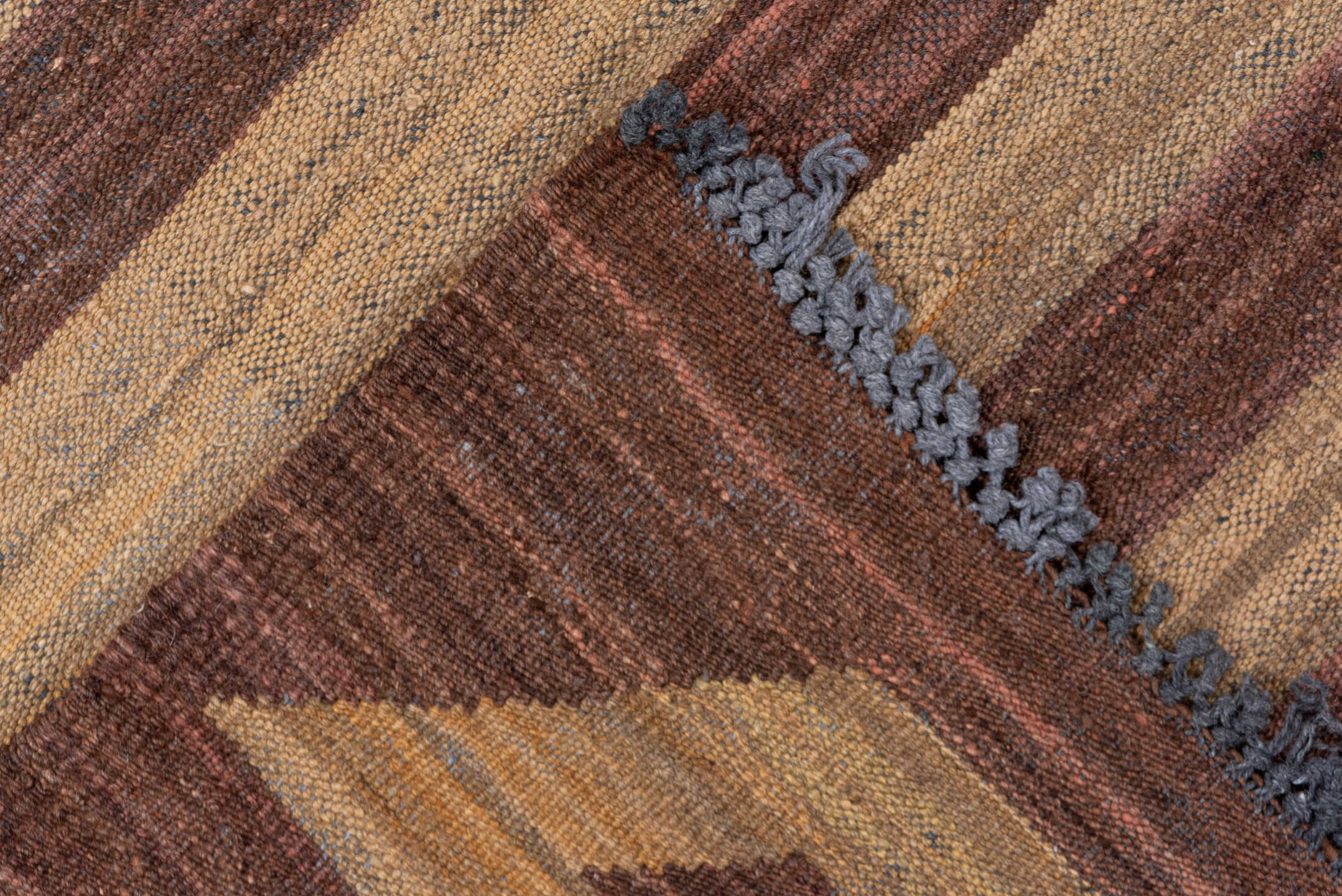5' x 8' one-of-a-kind handmade vintage Kilim medium size rug. Color palette: brown, camel, taupe, mahogany, charcoal, beige