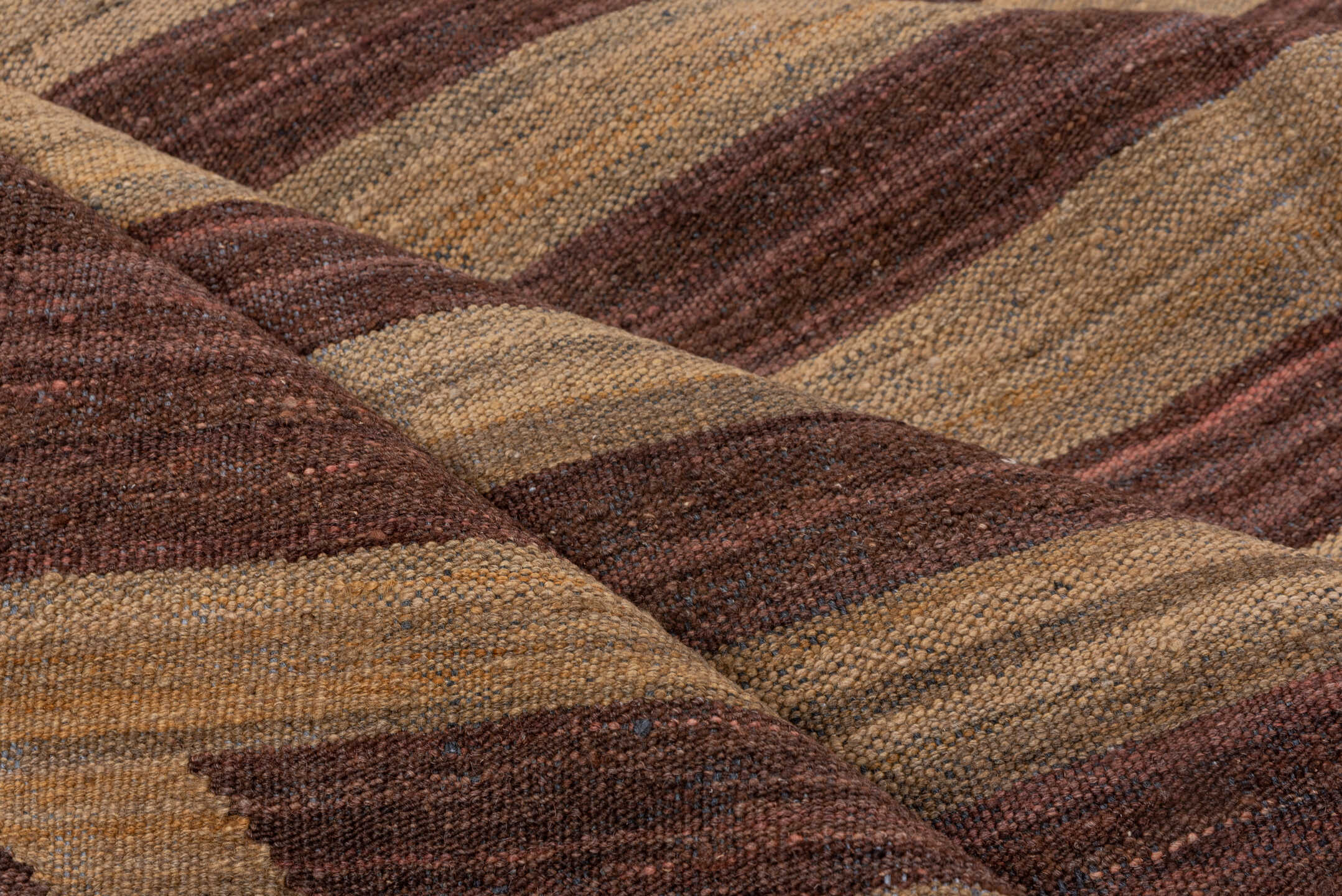 5' x 8' one-of-a-kind handmade vintage Kilim medium size rug. Color palette: brown, camel, taupe, mahogany, charcoal, beige
