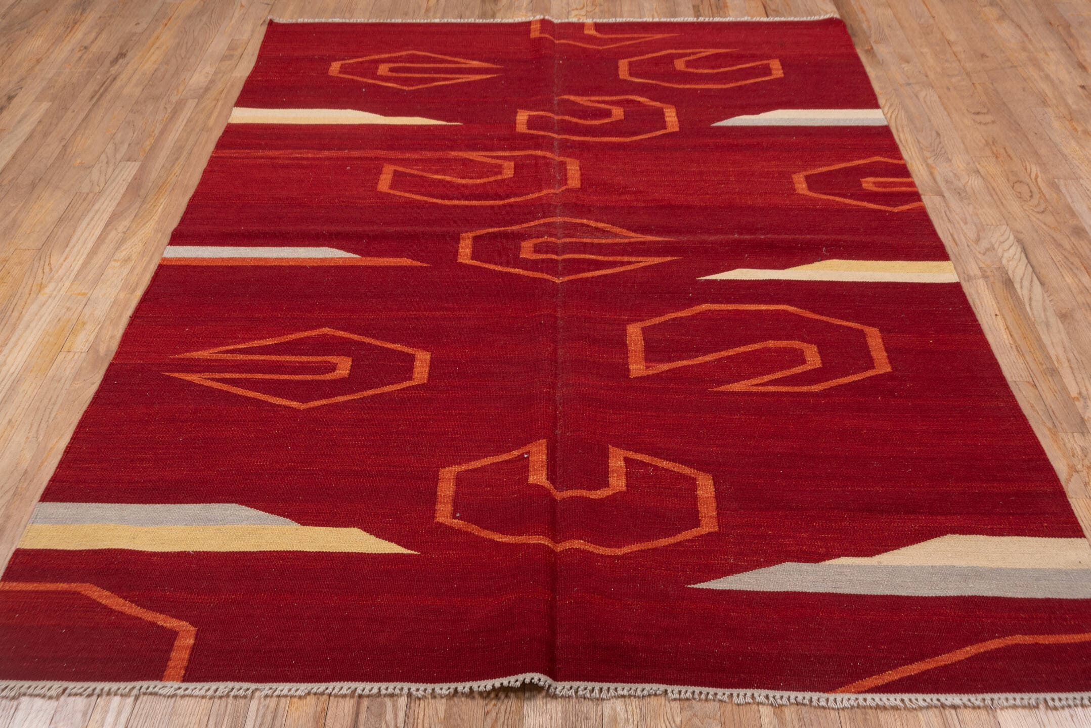 5' x 8' one-of-a-kind handmade vintage Kilim medium size rug. Color palette: rust, terra cotta, ivory, camel, taupe