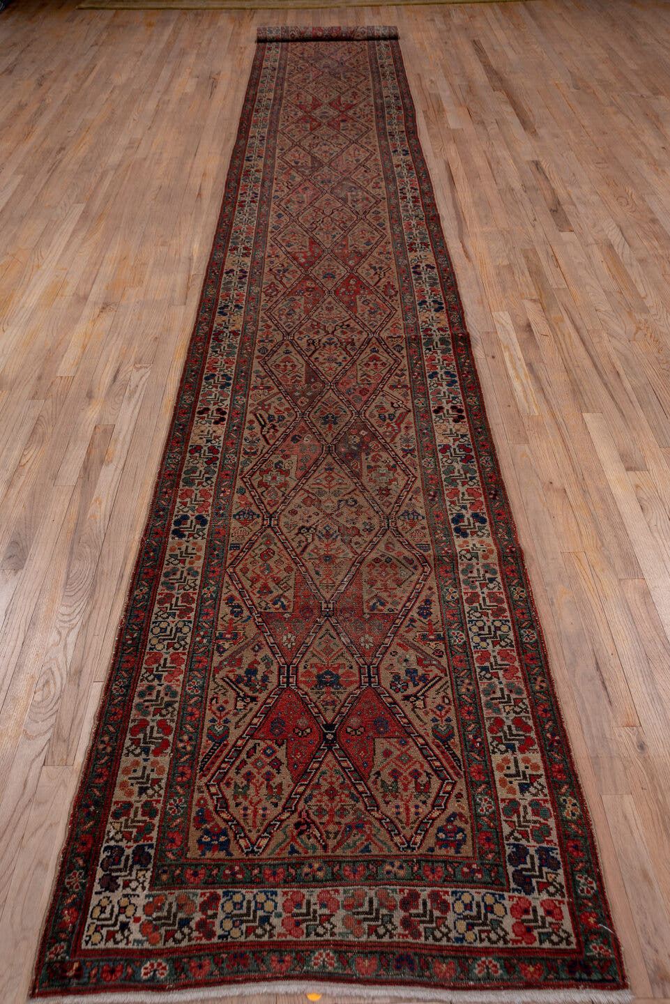 2' x 18' one-of-a-kind handmade antique Cam Hamadan runner rug. Color palette: rust, ivory, indigo, navy, camel, burgundy