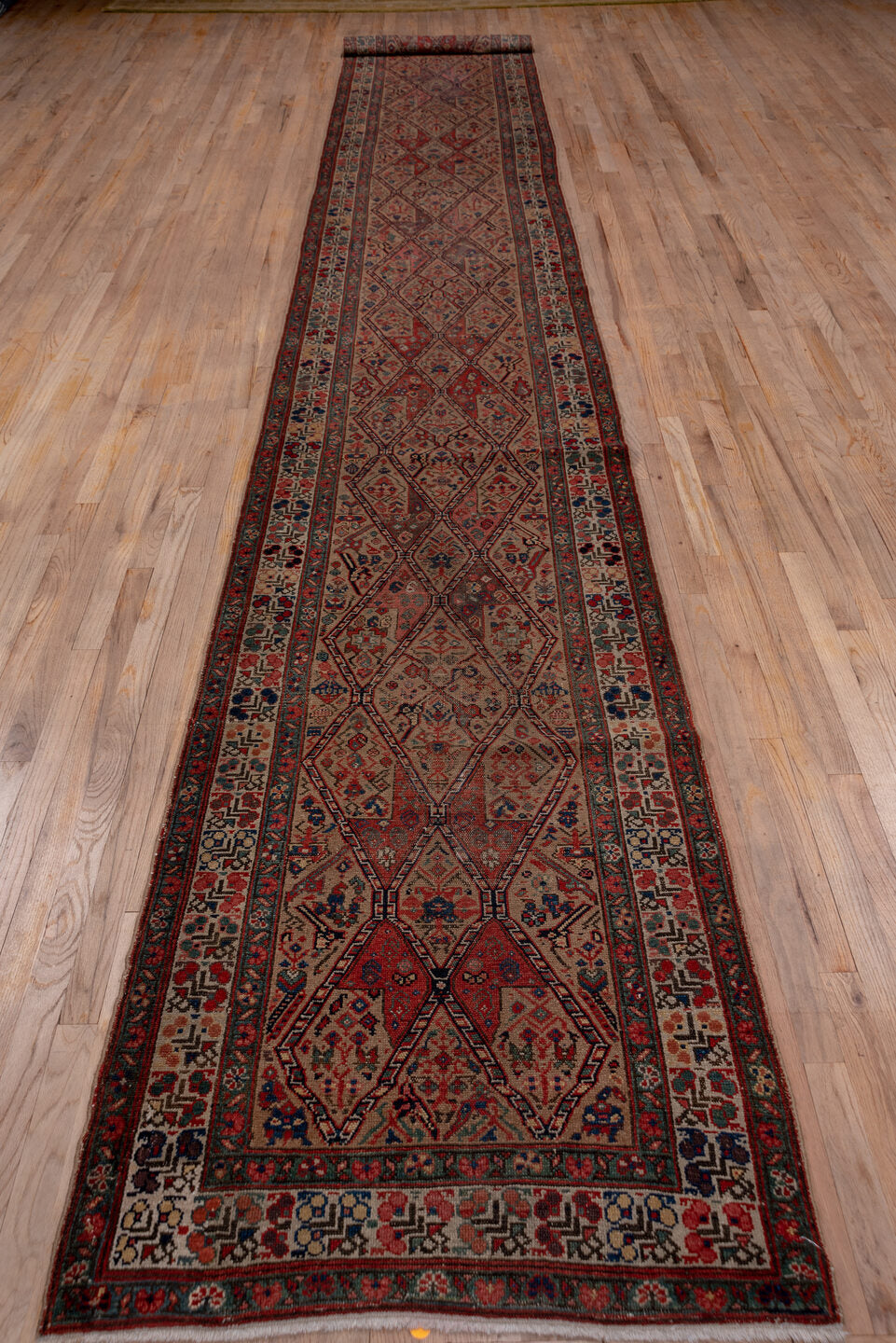 2' x 18' one-of-a-kind handmade vintage Cam Hamadan runner rug. Color palette: brown, gray, off-white, pink, red, snow