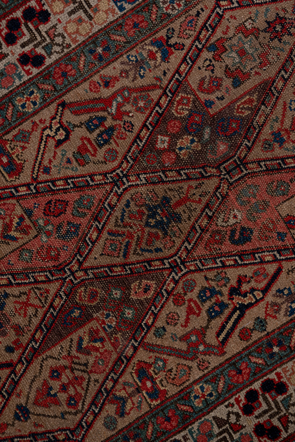 2' x 18' one-of-a-kind handmade vintage Cam Hamadan runner rug. Color palette: brown, gray, off-white, pink, red, snow