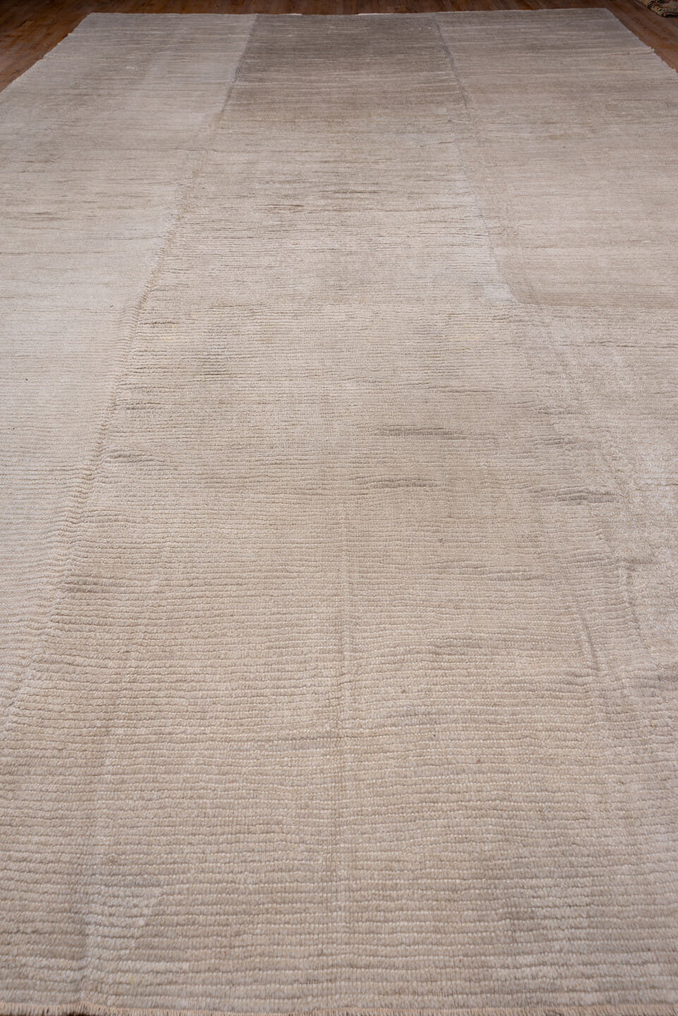 13' x 23' one-of-a-kind handmade vintage Tulu oversize rug. Color palette: ivory, taupe, cream, beige, gray