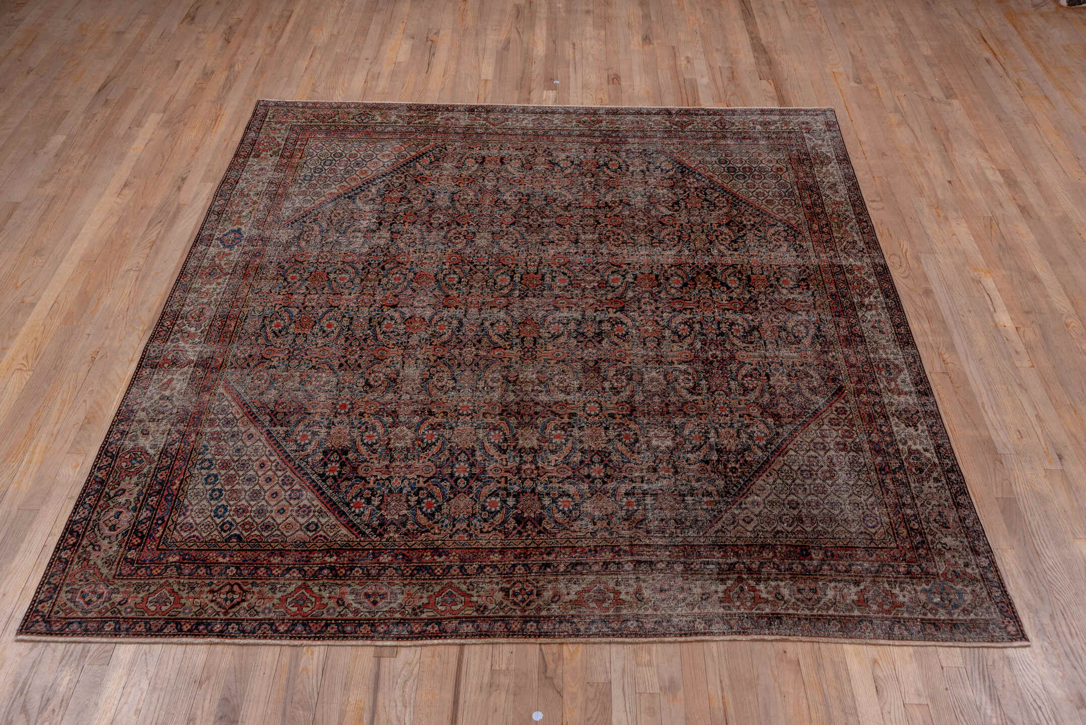 3' x 19' one-of-a-kind handmade vintage Tulu runner rug. Color palette: terracotta, navy, ivory, taupe, rust, charcoal