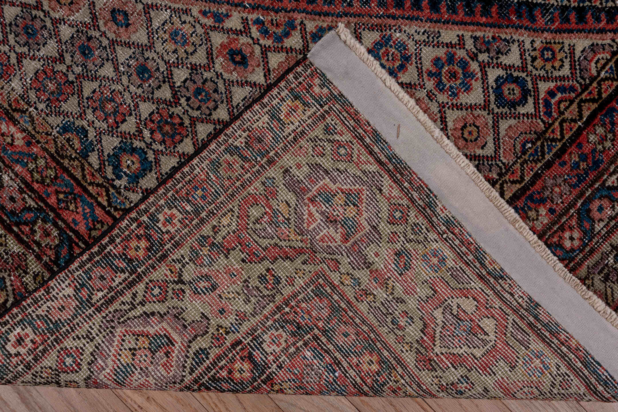 3' x 19' one-of-a-kind handmade vintage Tulu runner rug. Color palette: terracotta, navy, ivory, taupe, rust, charcoal